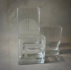 Set of Mid Century Glass Vases with Etched Design in Graduated Sizes