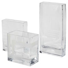 Set of Mid Century Glass Vases with Etched Design in Graduated Sizes