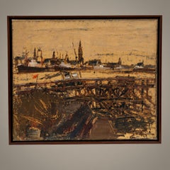 Oil Painting of Antwerp Port, Abstract Style, Belgium, Circa 1900