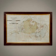 Antique Framed Pen and Ink on Fabric Map of Cornwall from Early 19th Century