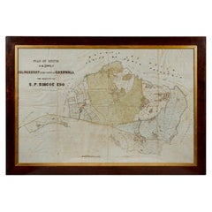 Antique Framed Pen and Ink on Fabric Map of Cornwall from Early 19th Century