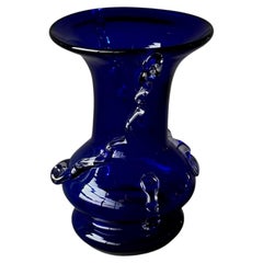 Mid Century Cobalt Blue Blown Glass Vase with Clear Glass Decoration