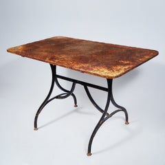 Late 19th Century Yellow Garden Table with Natural Patina on Iron Trestle Base