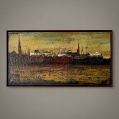 Ölgemälde auf Leinwand mit einer Darstellung des Hafens von Antwerpen im Rahmen