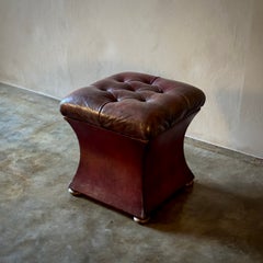 Antique English Ottoman with Red Leather Upholstery, Circa 1890
