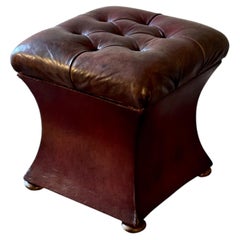 Antique English Ottoman with Red Leather Upholstery, Circa 1890