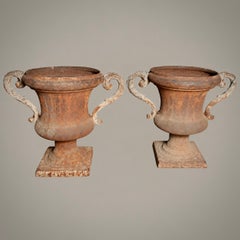 Pair of Italian Iron Urns, Ornate Handles, Fluted Design, Circa 1840
