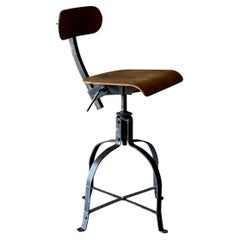 French Adjustable Swivel Chair, Wood Seat, Metal Base, Circa 1900