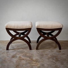 Black Painted Upholstered Stools, Fabric and Wood, Sweden, Circa 1810