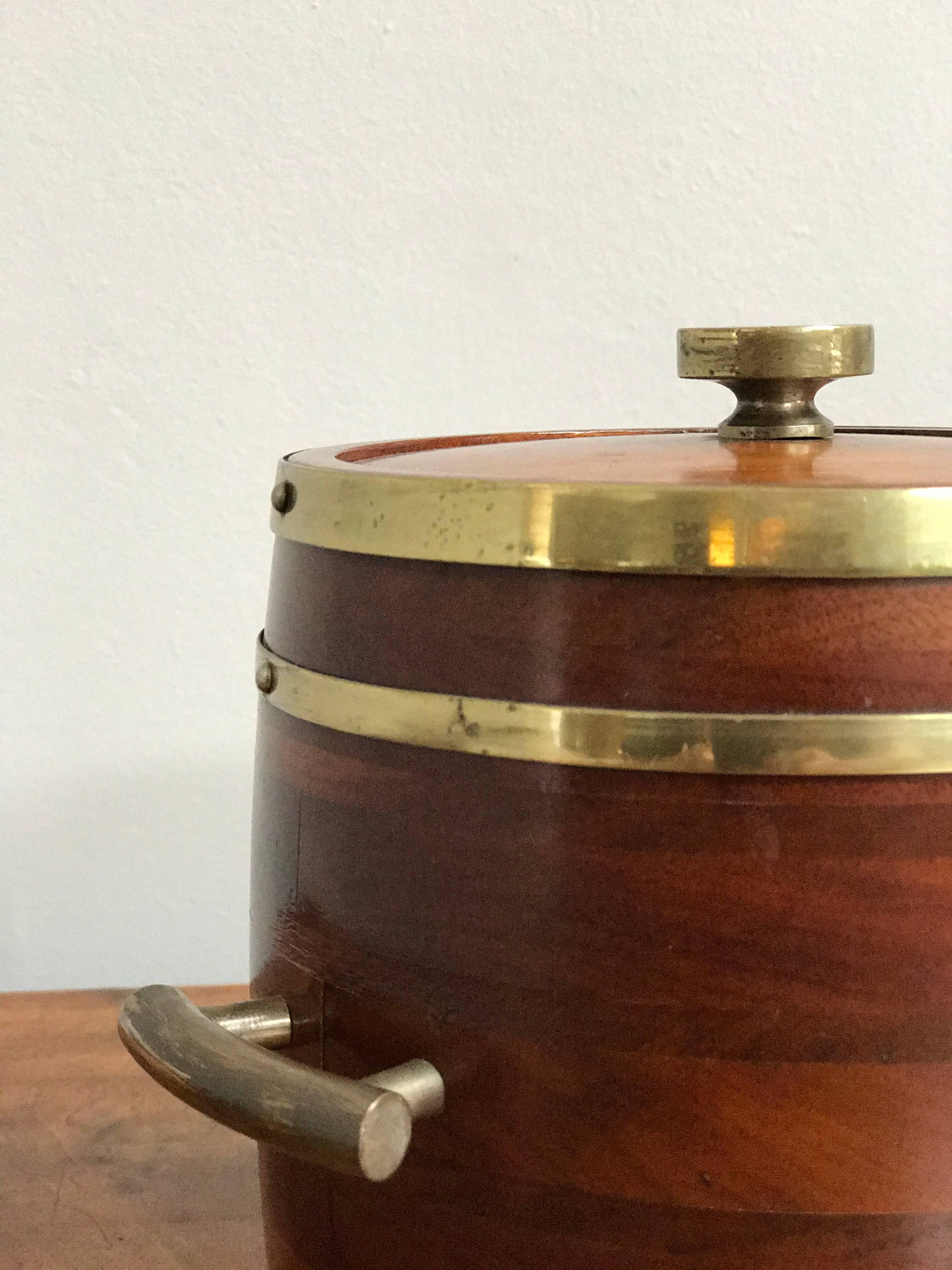 English Wooden Ice Bucket with Brass Fittings from England Circa 1920