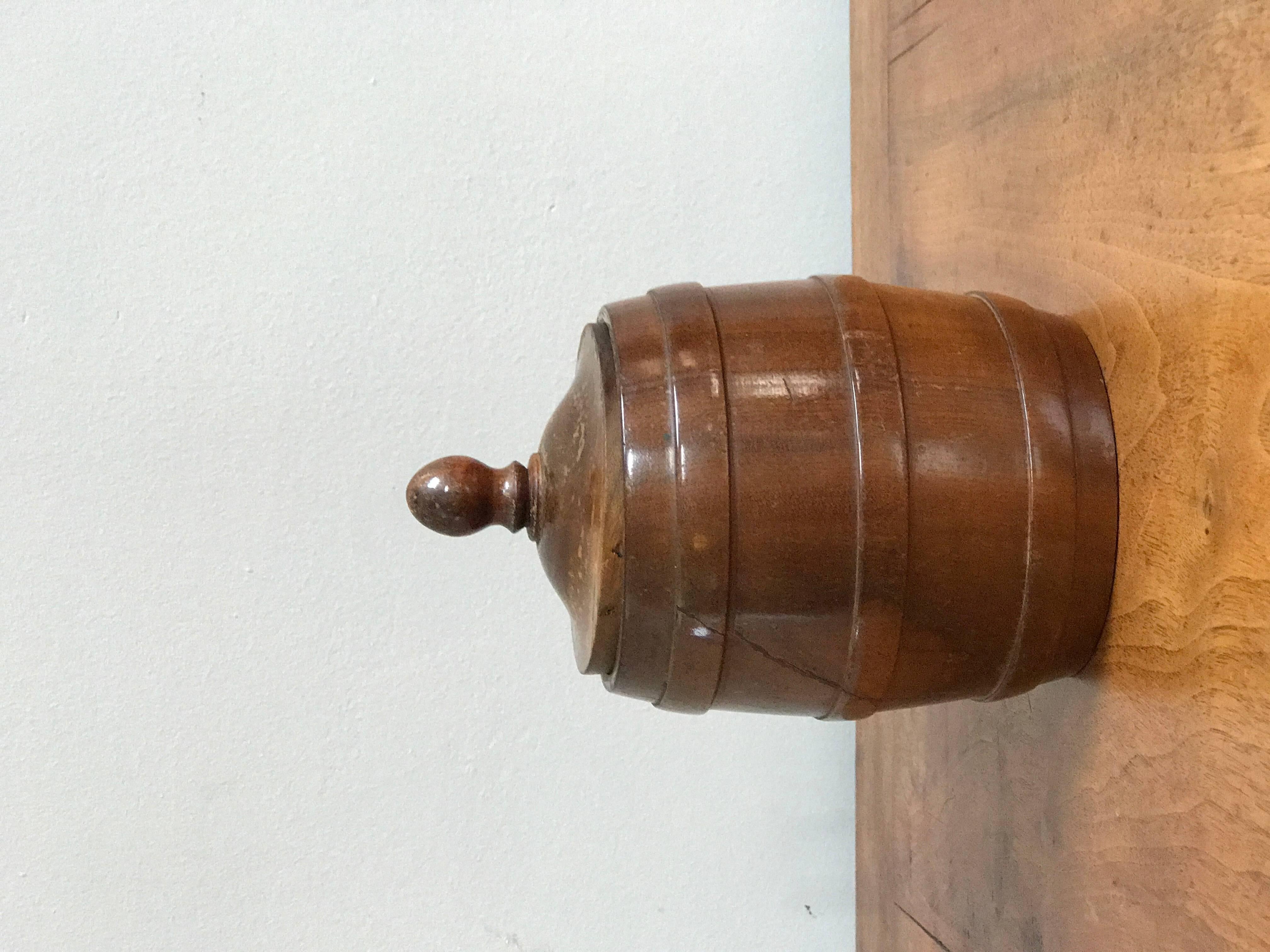 Wooden tobacco jar from 1920s Belgium. 