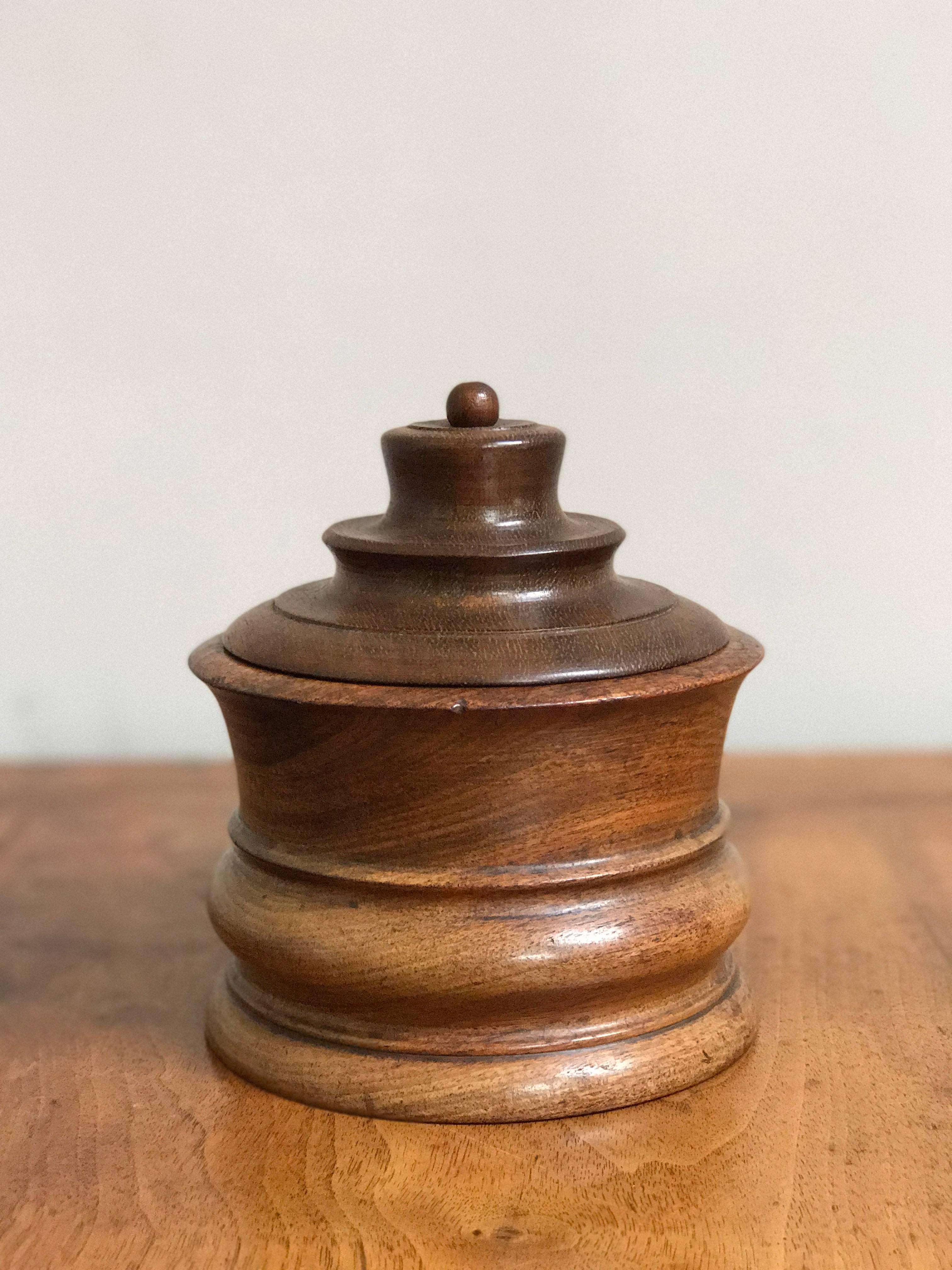 Wooden tobacco jar from late 19th century Belgium. 