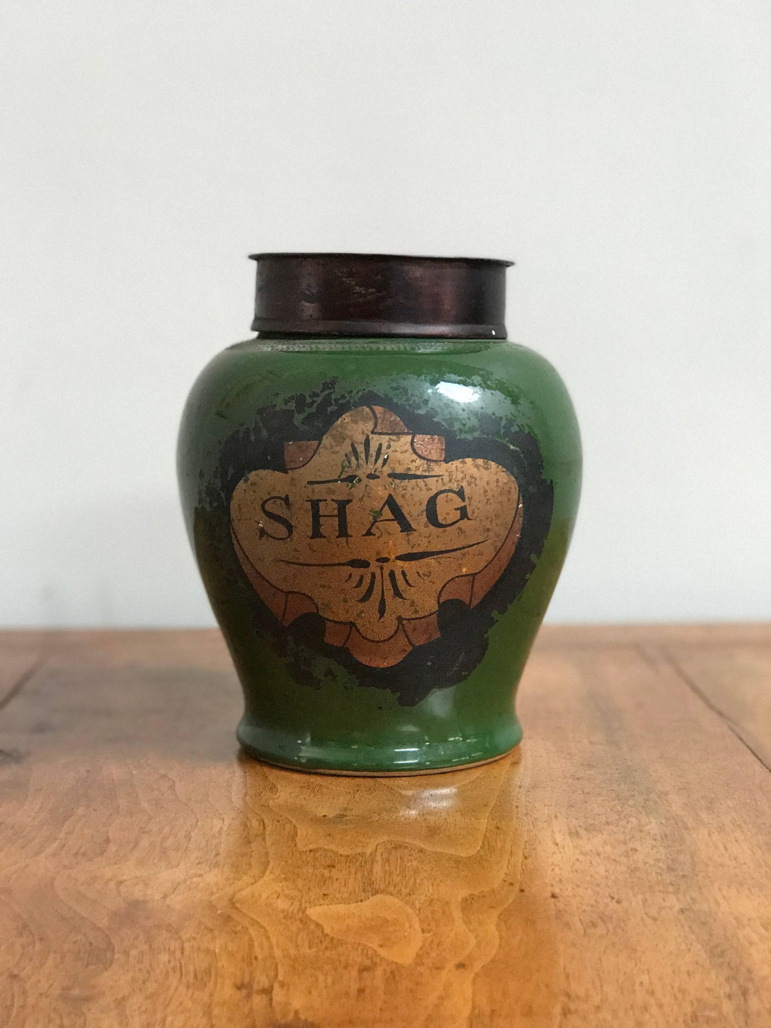 A tobacco jar with label titled 