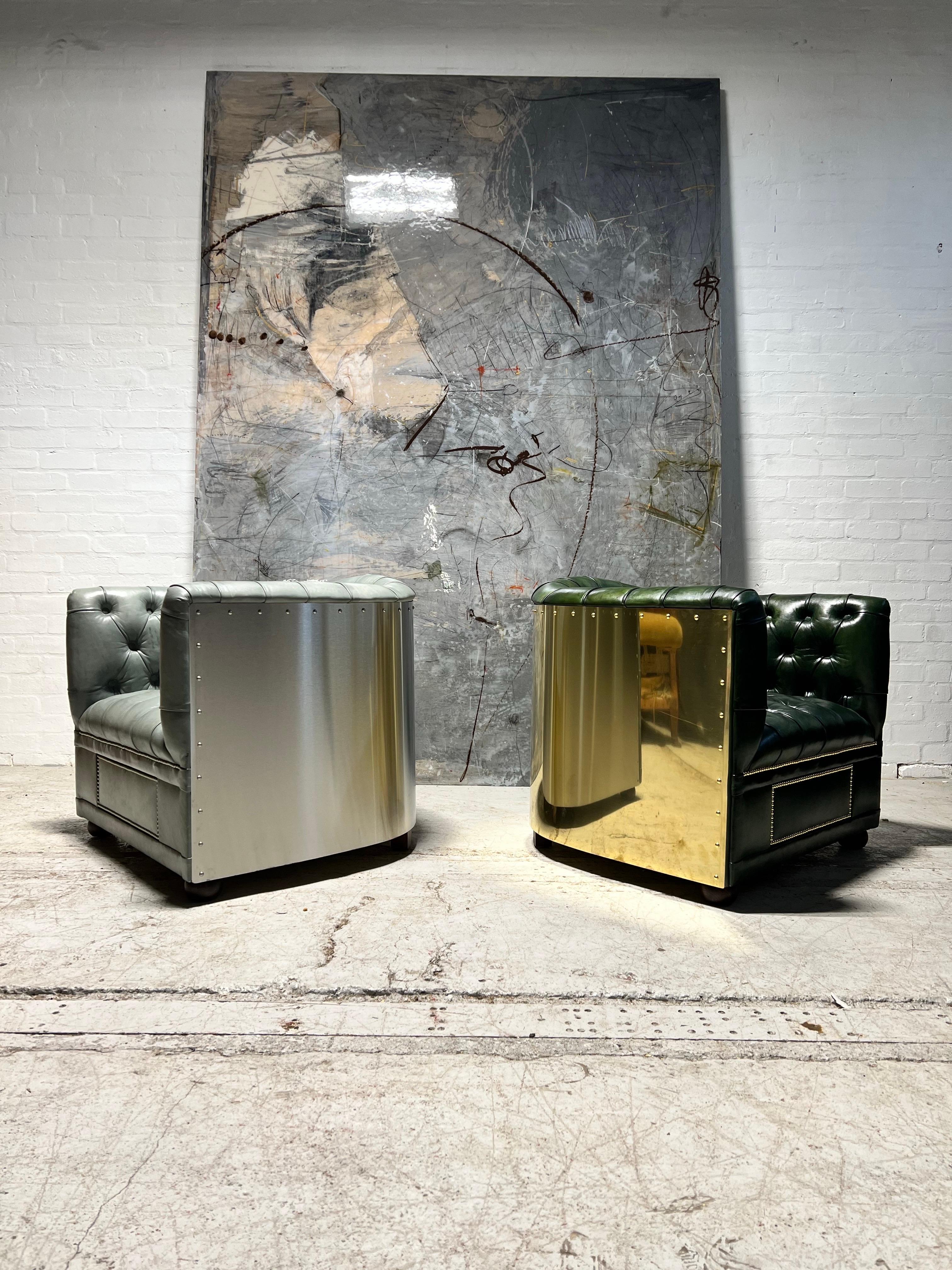 Flying Wing Aviator Chair, Hand Dyed Deep Ocean Leather, Solid Brass & Humidor For Sale 2