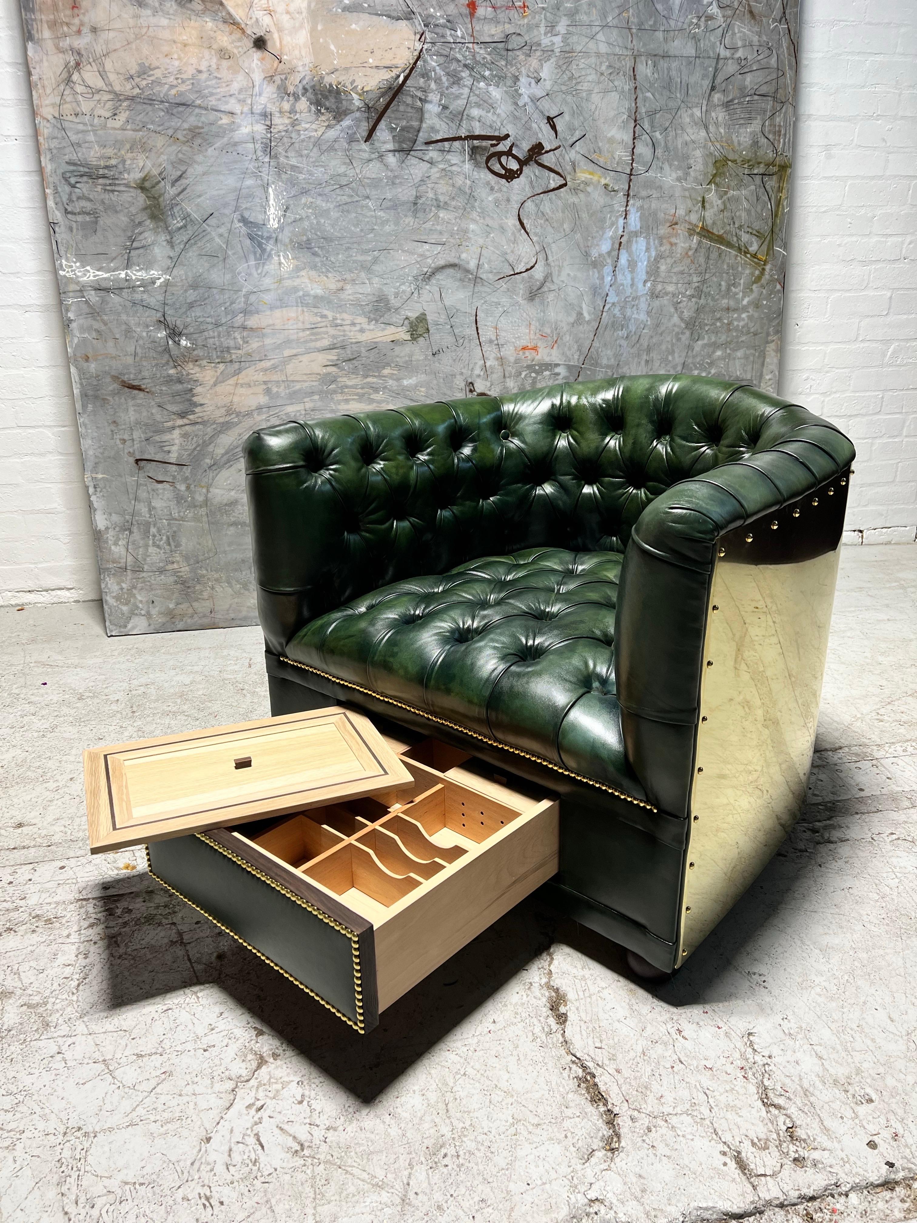 Flying Wing Aviator Chair, Hand Dyed Deep Ocean Leather, Solid Brass & Humidor For Sale 5