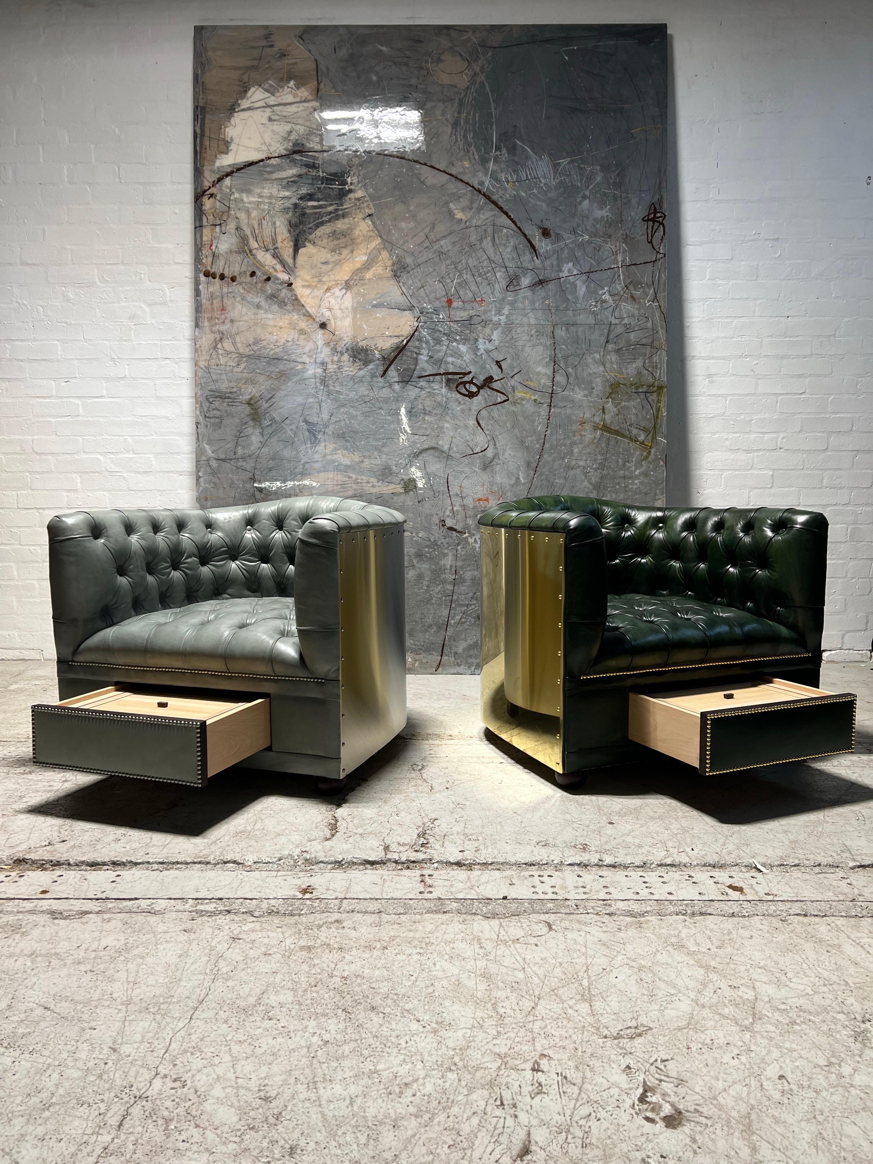 Flying Wing Aviator Chair, Hand Dyed Deep Ocean Leather, Solid Brass & Humidor For Sale 9