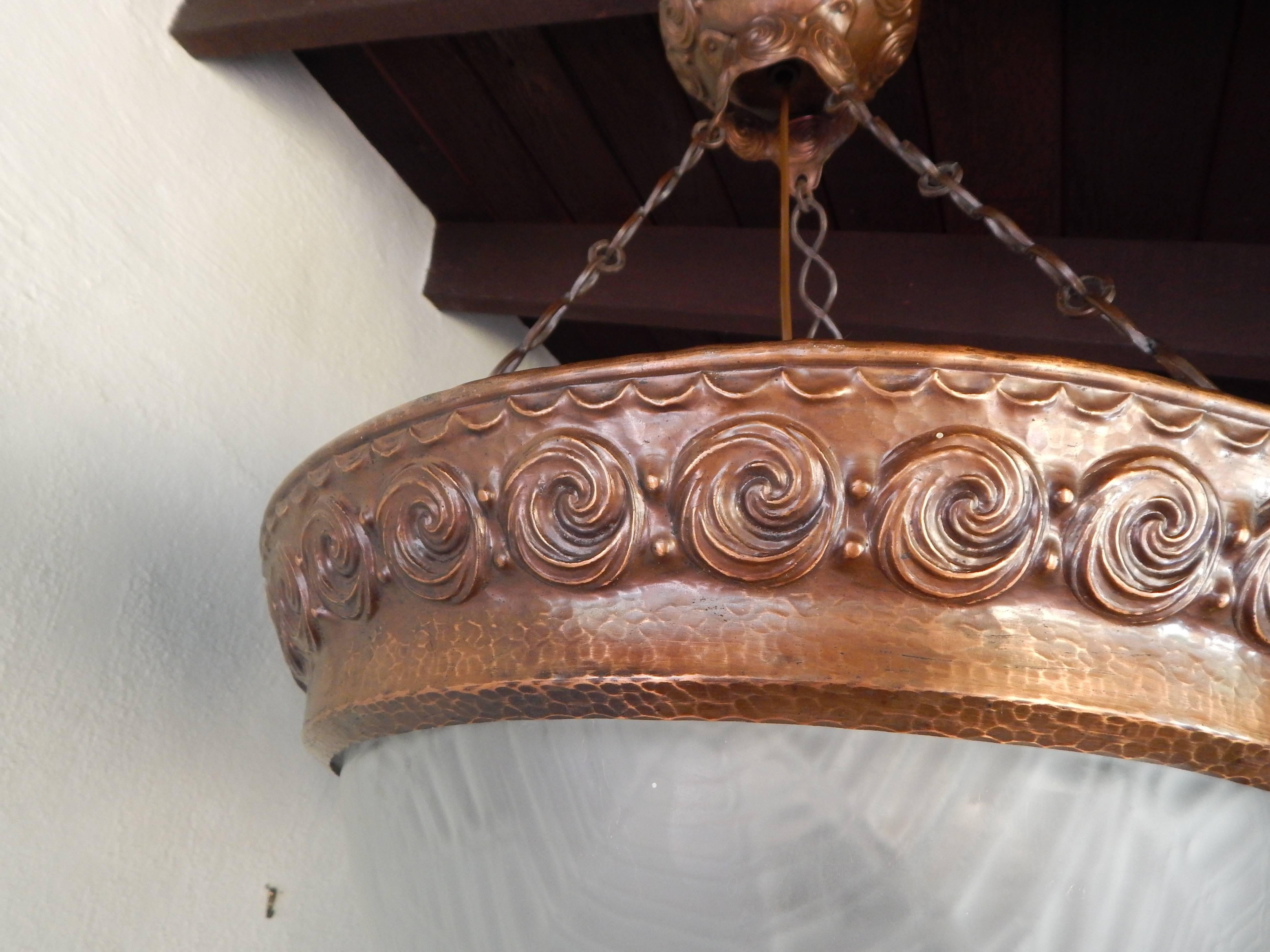 Swedish Arts and Crafts Hand Hammered Copper Hanging Fixture, circa 1910 1
