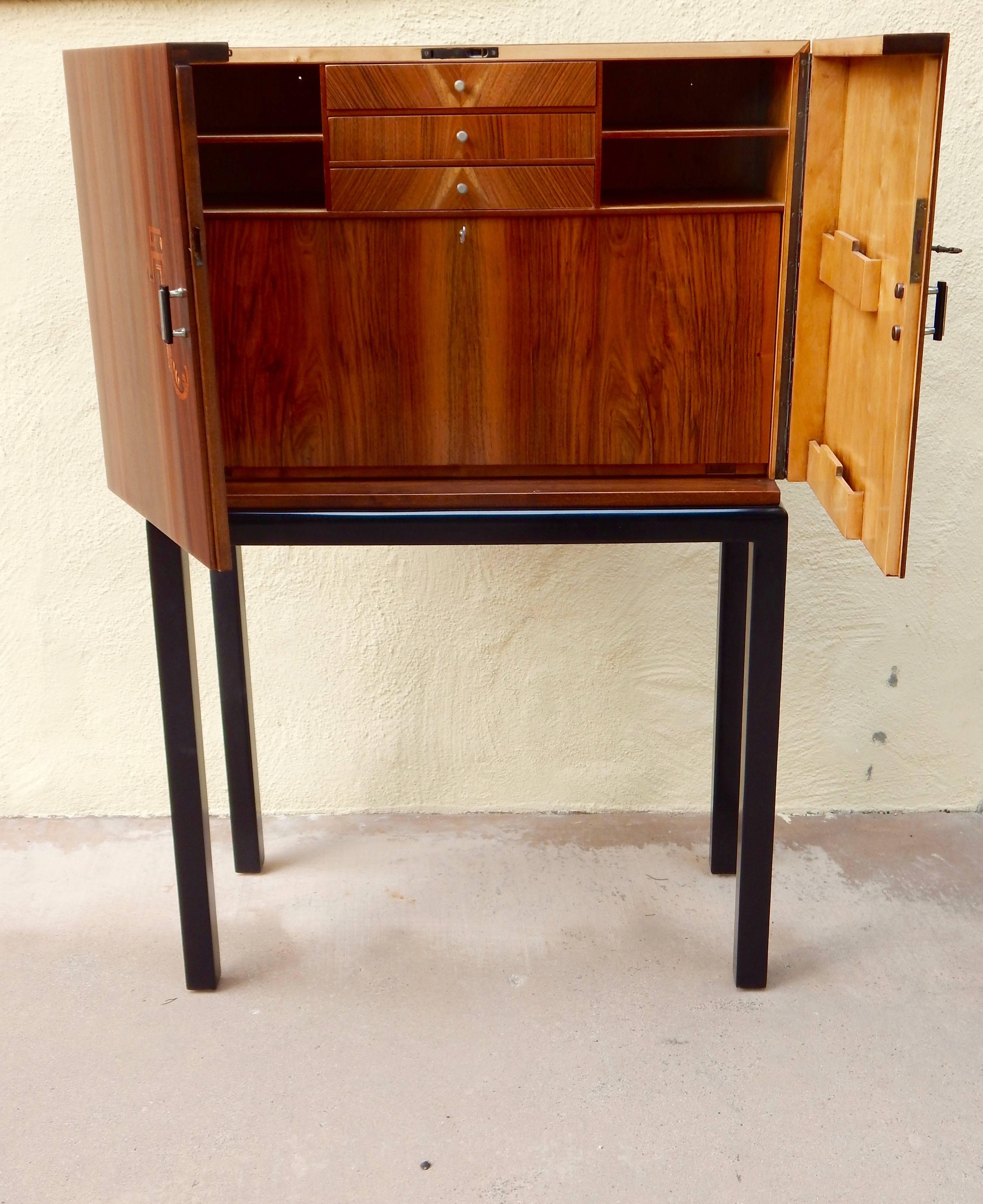 Birch Swedish Art Deco Inlaid Dry Bar-Secretaire by Smf, circa 1930 For Sale