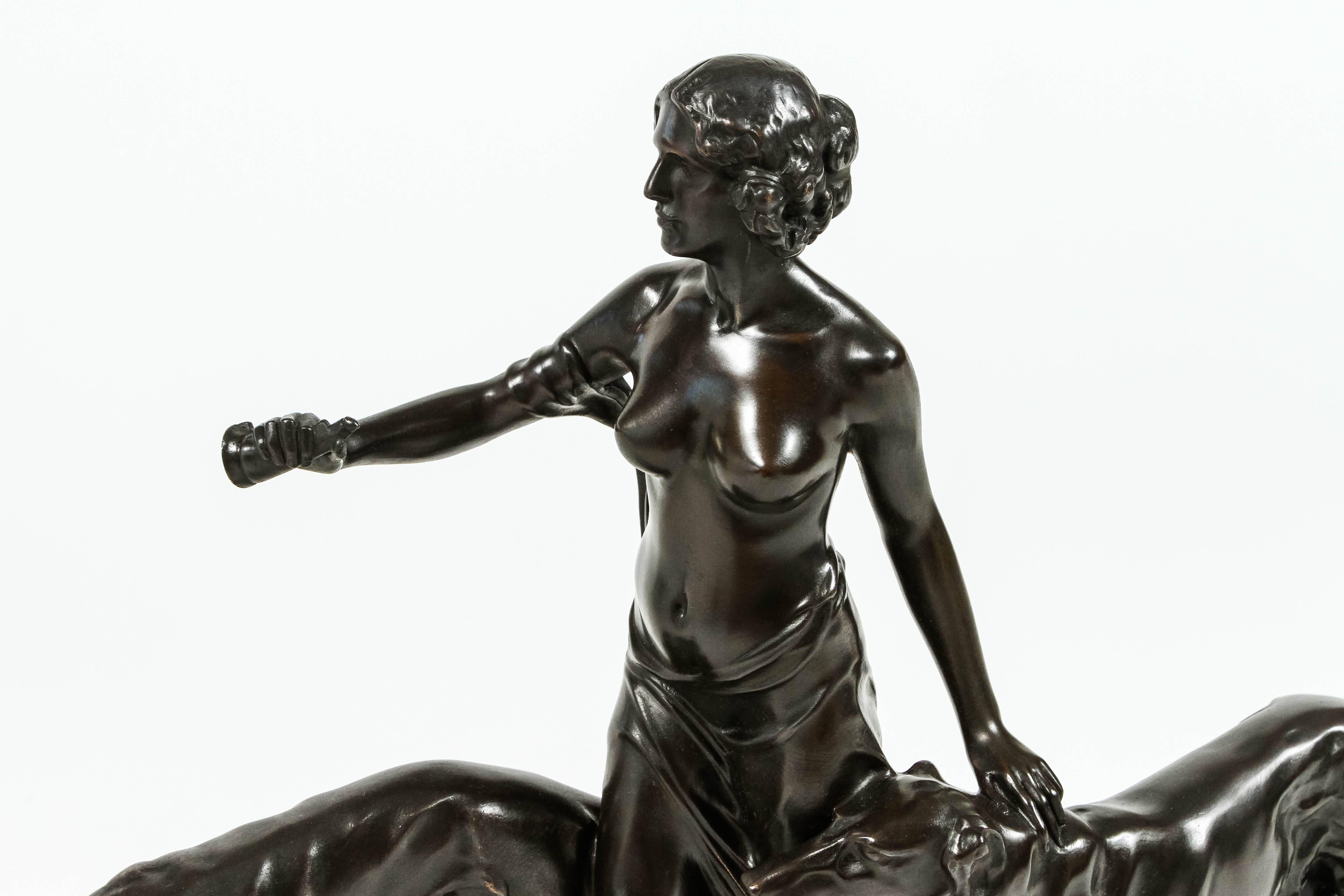 Art Deco Bronze Diana the Huntress and Hounds by Professor Arthur Bock In Excellent Condition In Palm Desert, CA