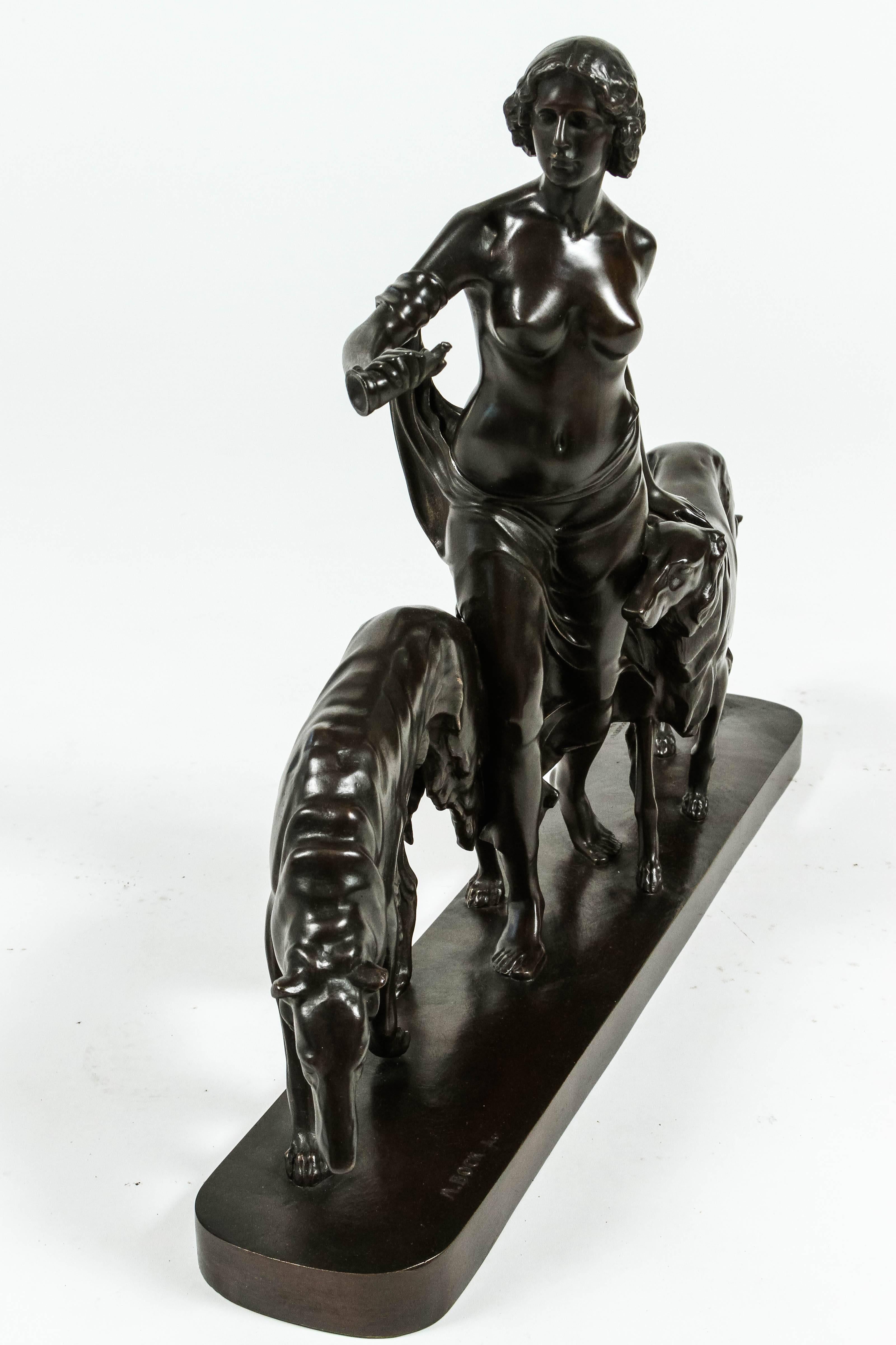 Cast Art Deco Bronze Diana the Huntress and Hounds by Professor Arthur Bock