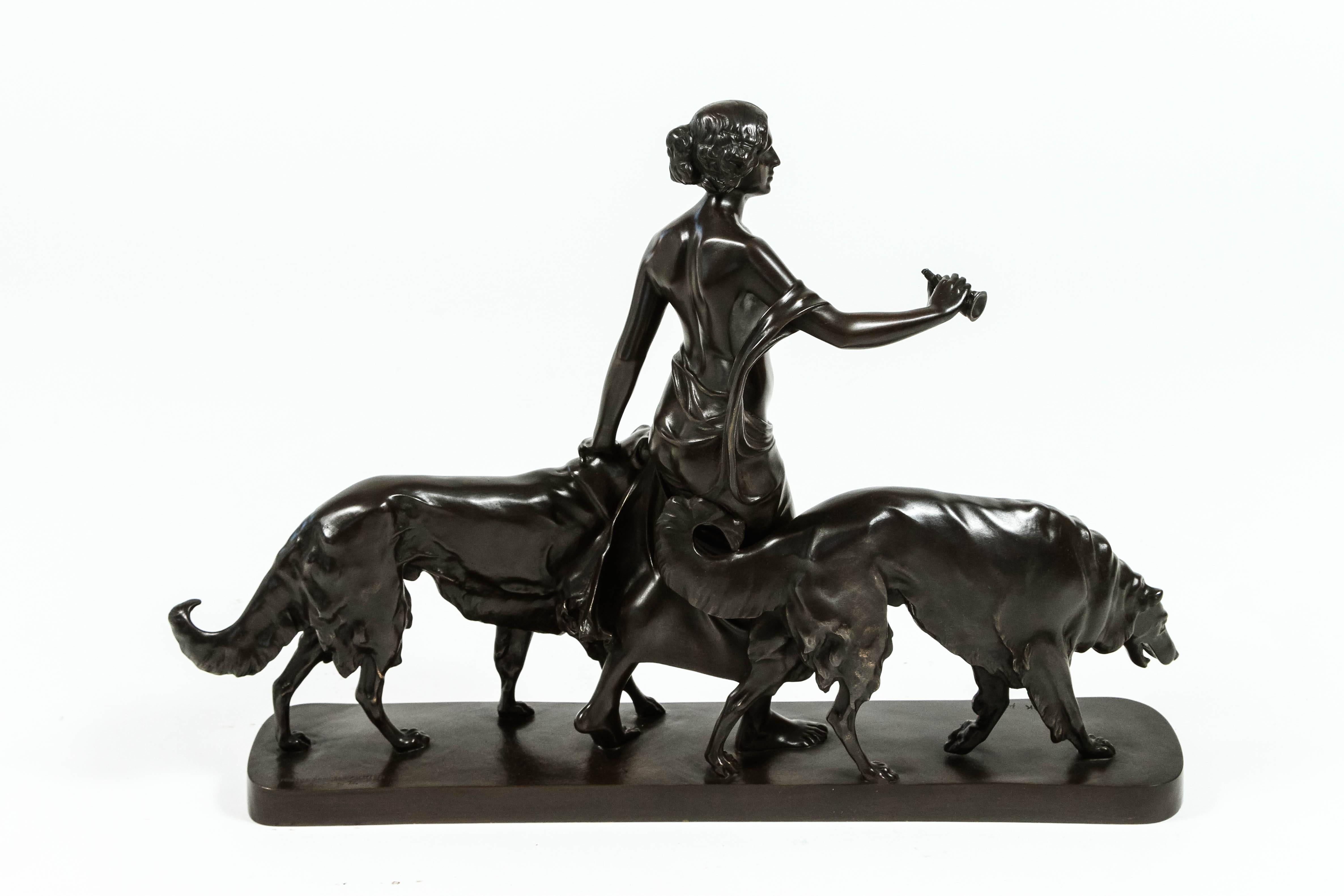 German Art Deco Bronze Diana the Huntress and Hounds by Professor Arthur Bock