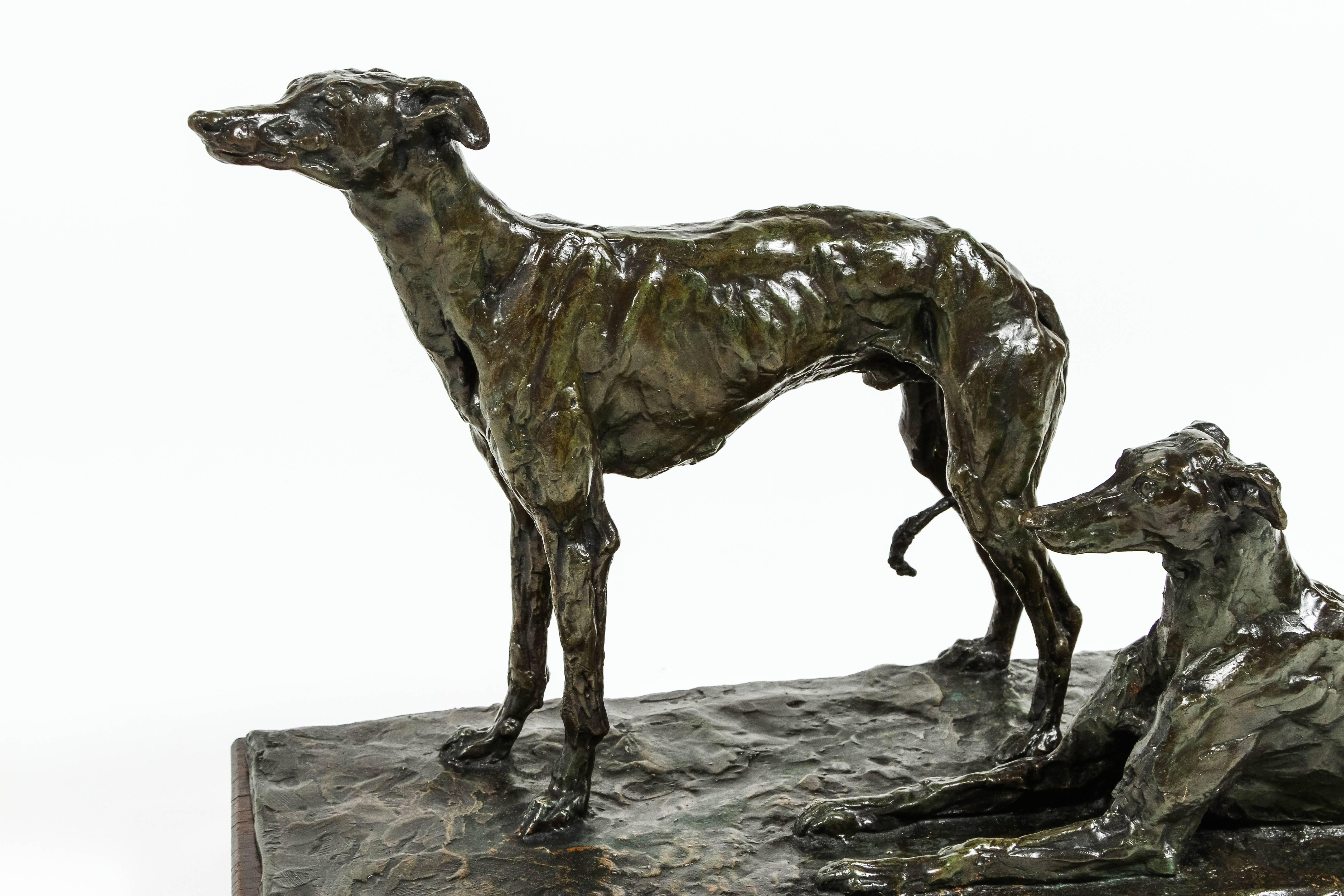 Mid-20th Century Unique French Cire Perdu Bronze of Greyhounds by Irénée Rochard