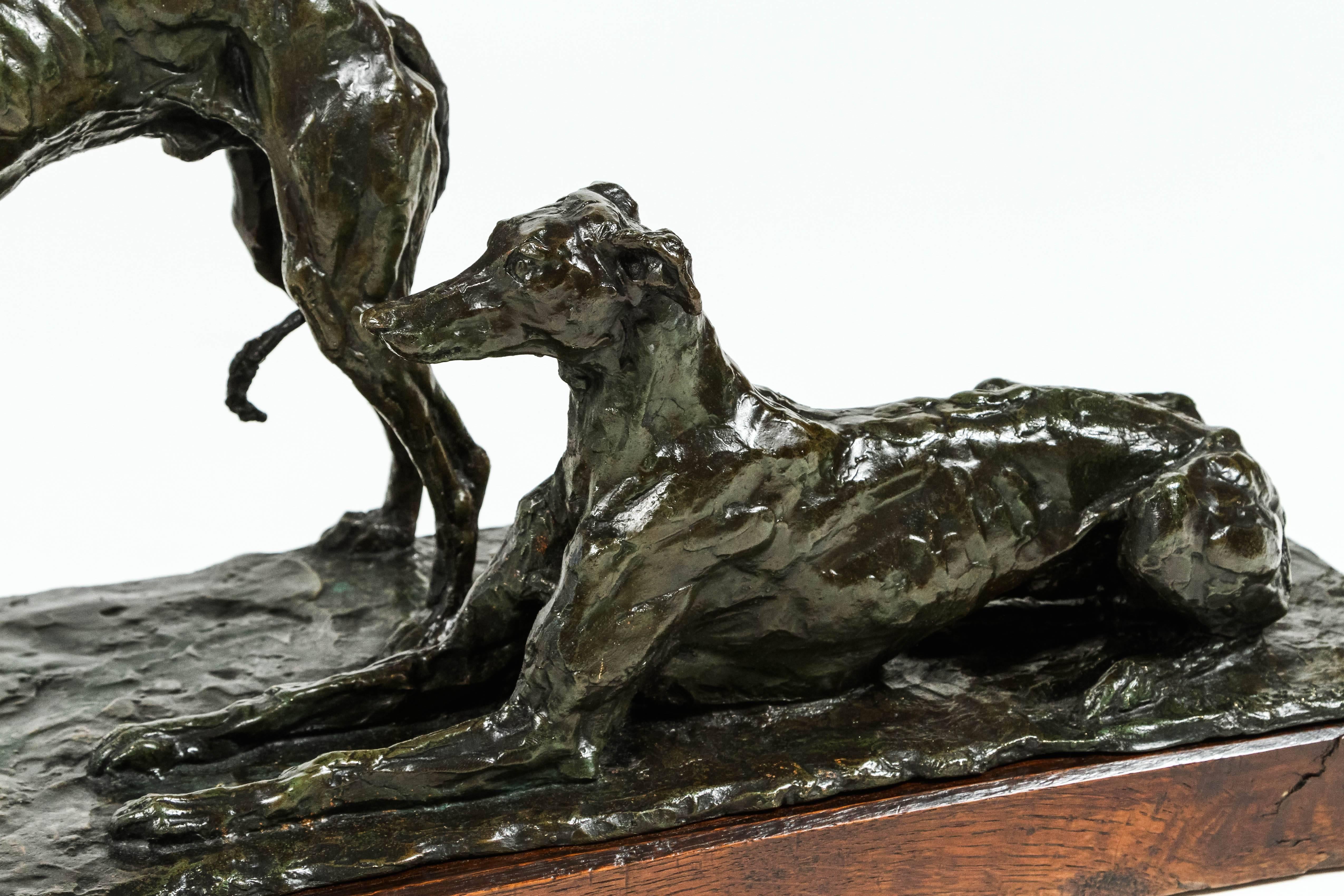 Wood Unique French Cire Perdu Bronze of Greyhounds by Irénée Rochard