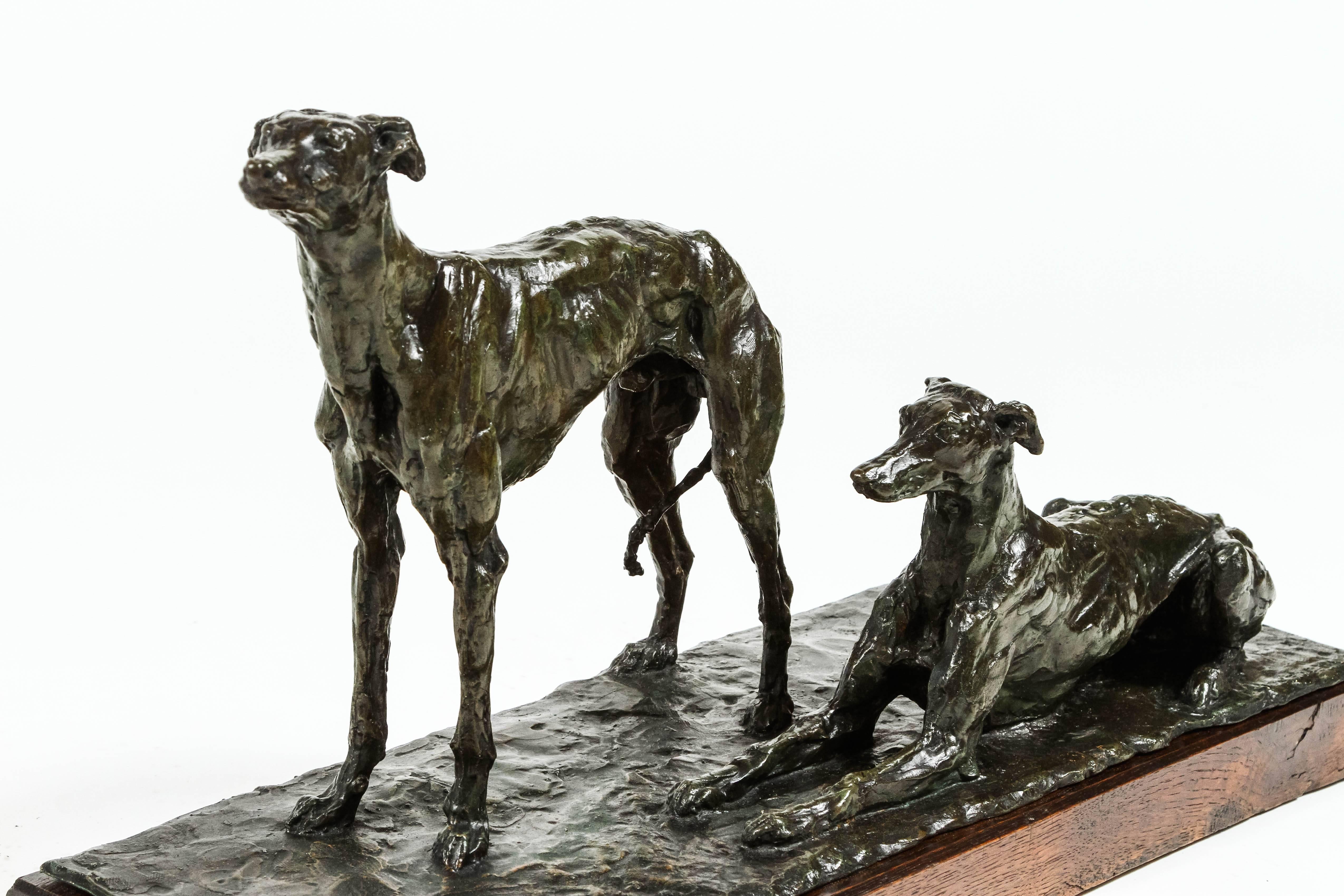 Art Deco Unique French Cire Perdu Bronze of Greyhounds by Irénée Rochard