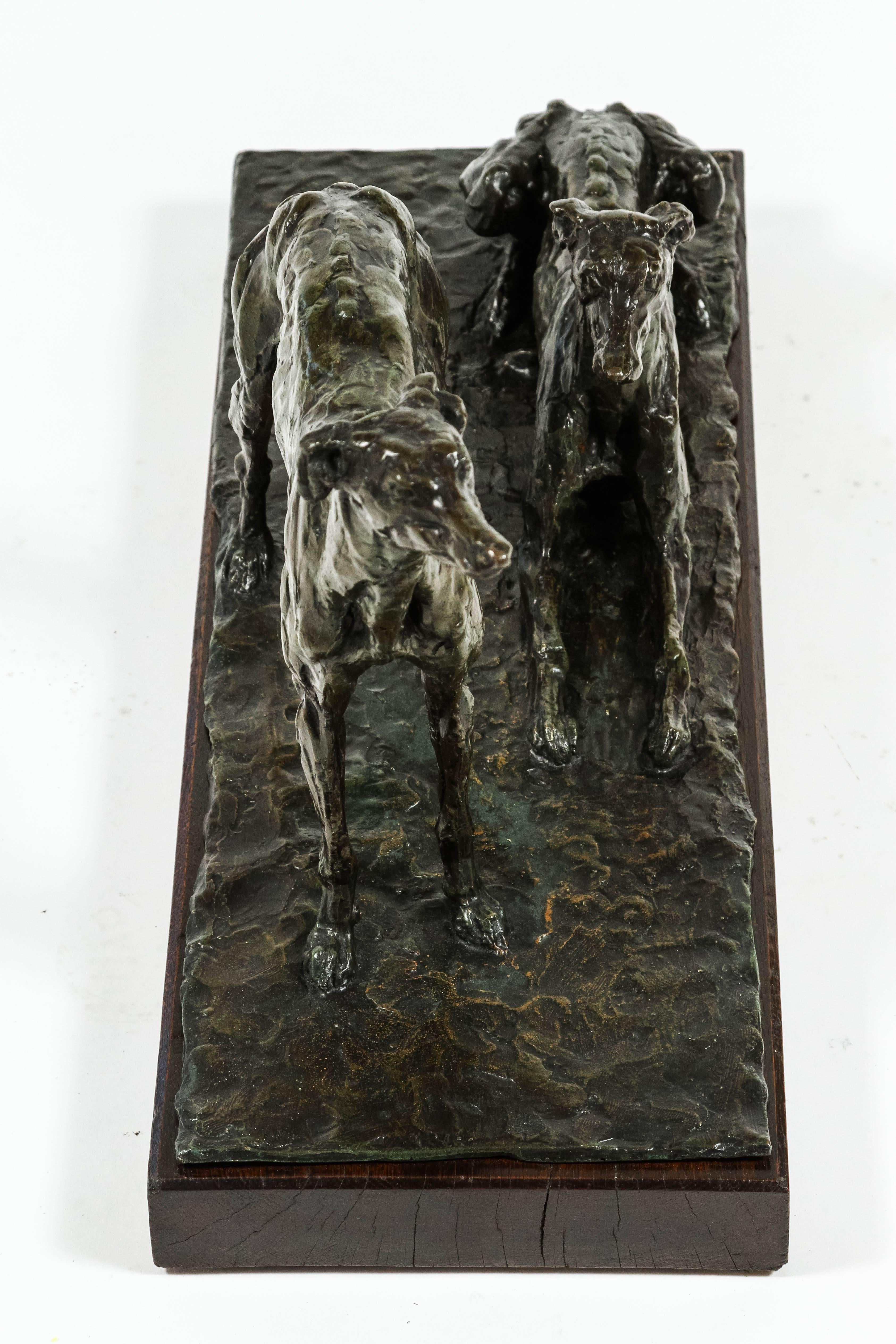 Cast Unique French Cire Perdu Bronze of Greyhounds by Irénée Rochard