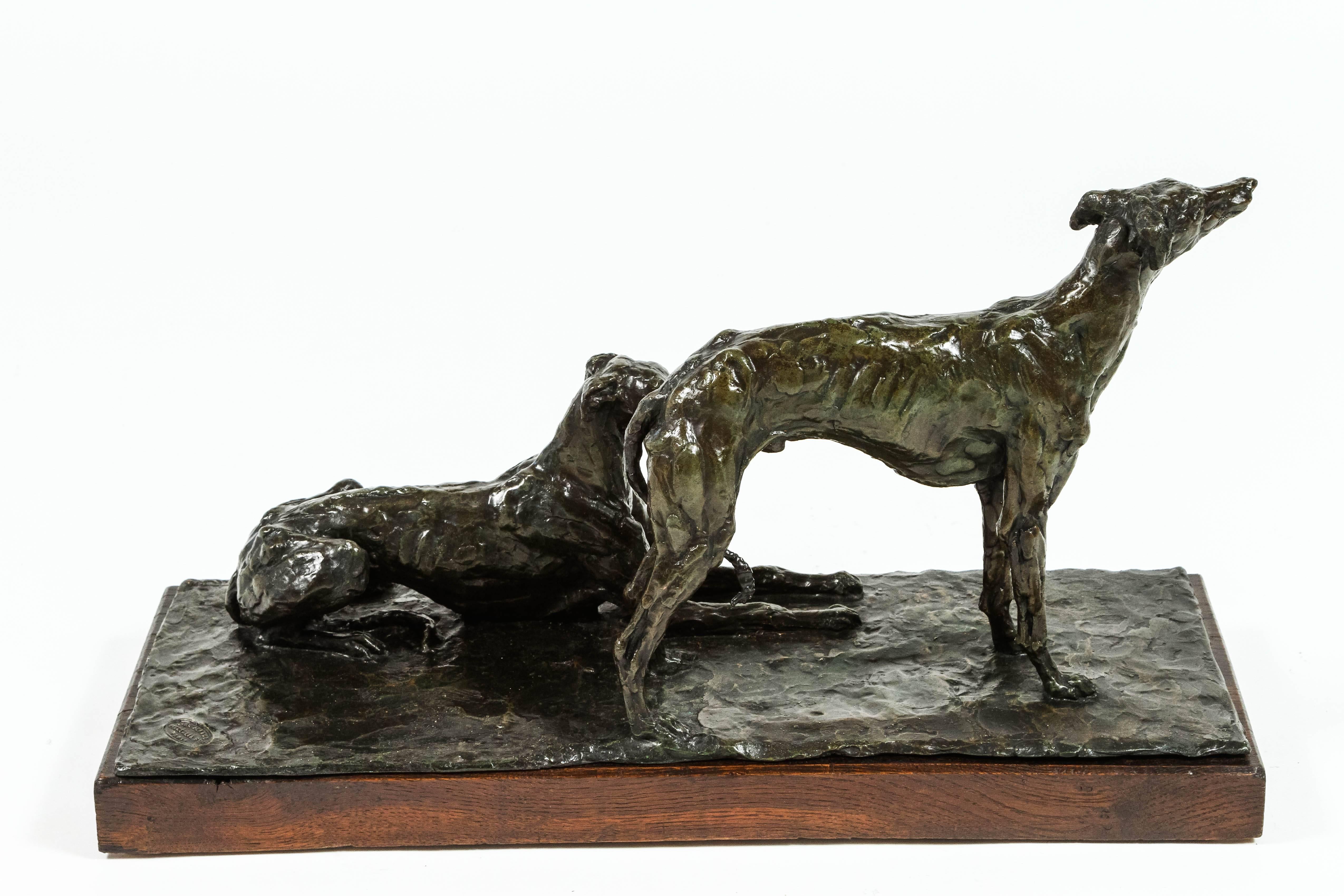 A beautiful and striking bronze of 2 Greyhounds one standing and the other reclining. Sculpted in a manner that gives the dogs a real sense of personality. 
This bronze was cast at Bisceglia Cire Perdu Foundry, Paris and dates from circa 1930. It is