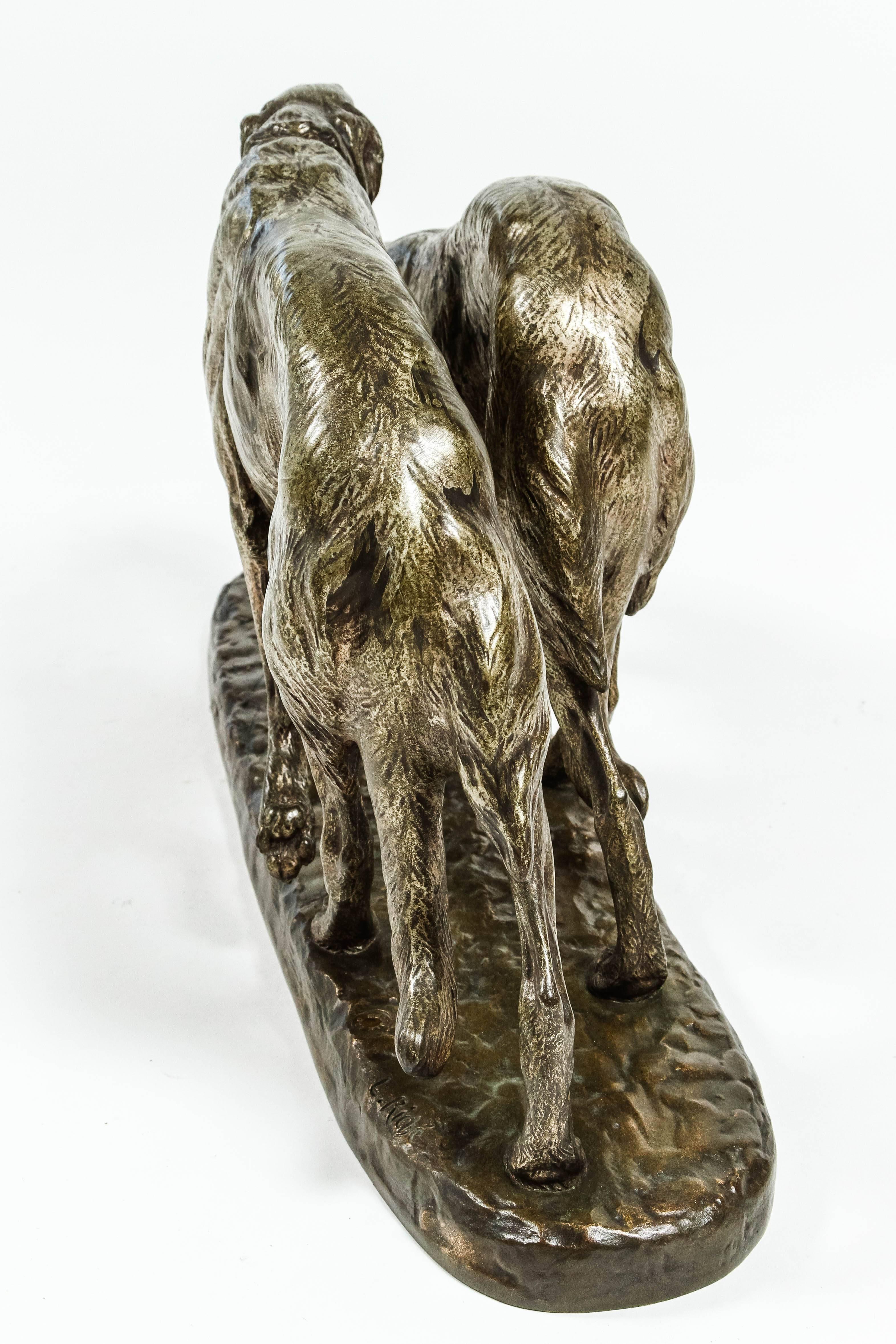 A large and impressive bronze of two Russian wolf hounds cast in bronze. The dogs retain most of their silvered finish and the ground they are walking on is patinated bronze. In addition to the artist's signature this bronze is further marked: