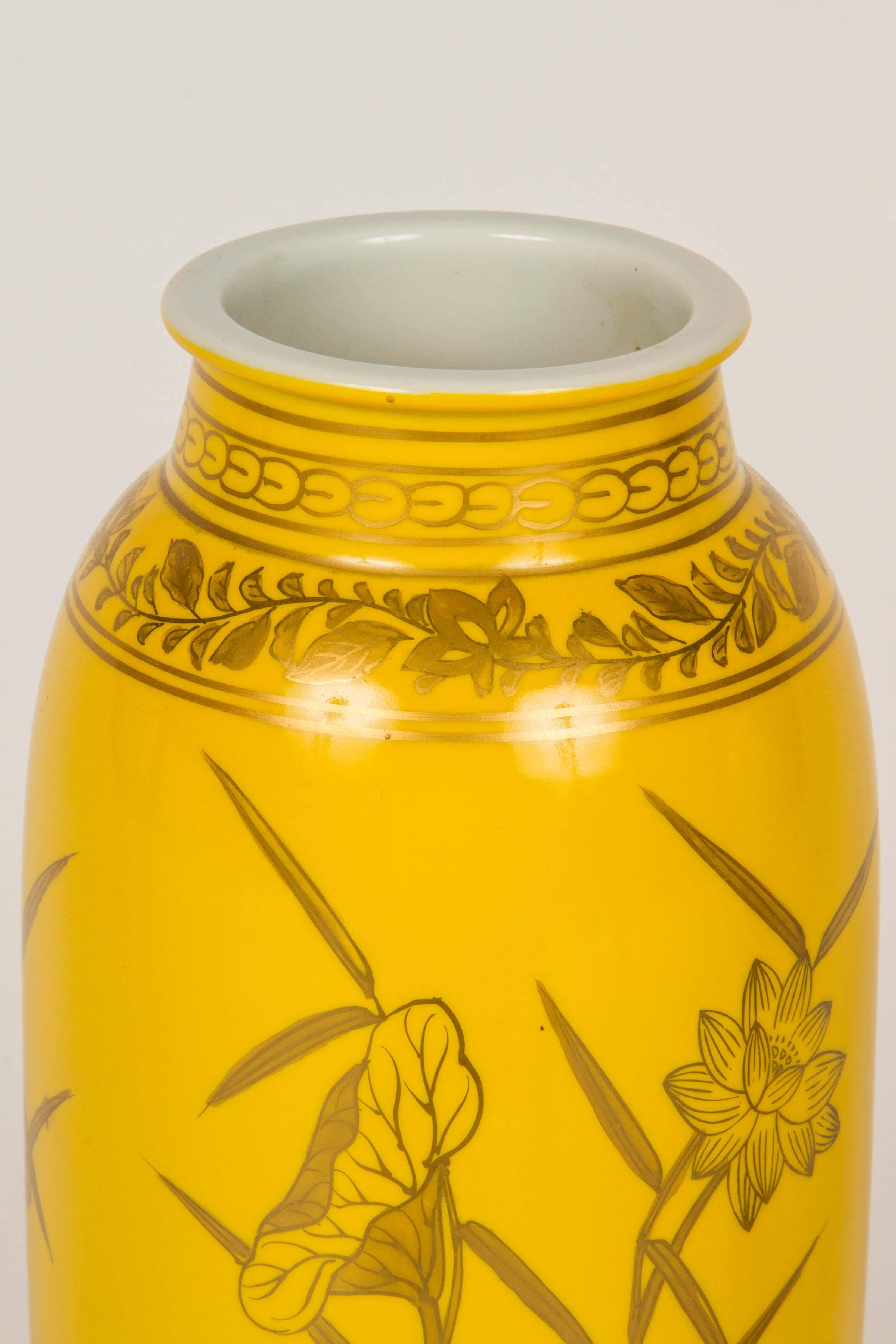Pair of Yellow Glazed Porcelain Gilt Decorated Vases In Excellent Condition In Palm Desert, CA