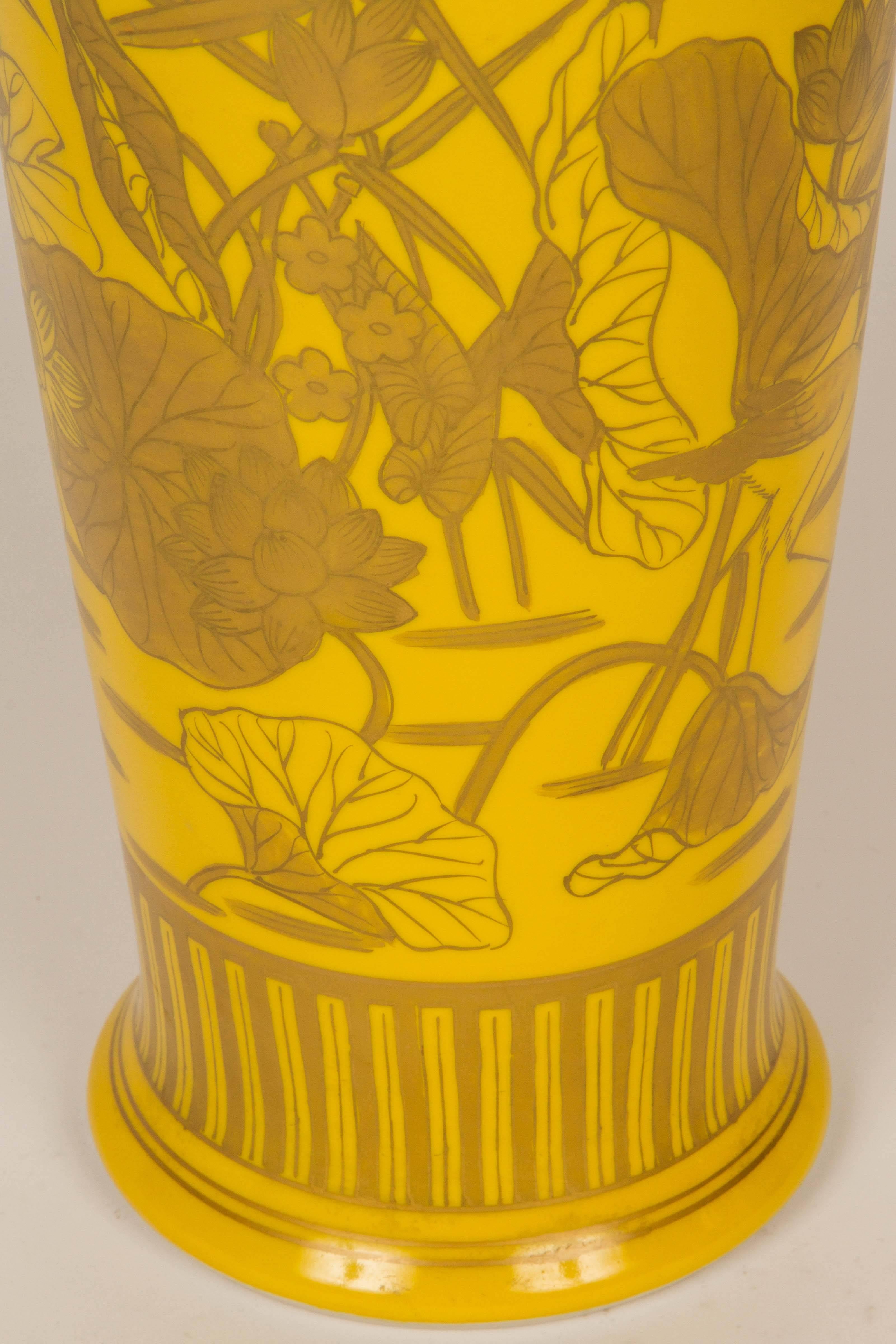 Japanese Pair of Yellow Glazed Porcelain Gilt Decorated Vases