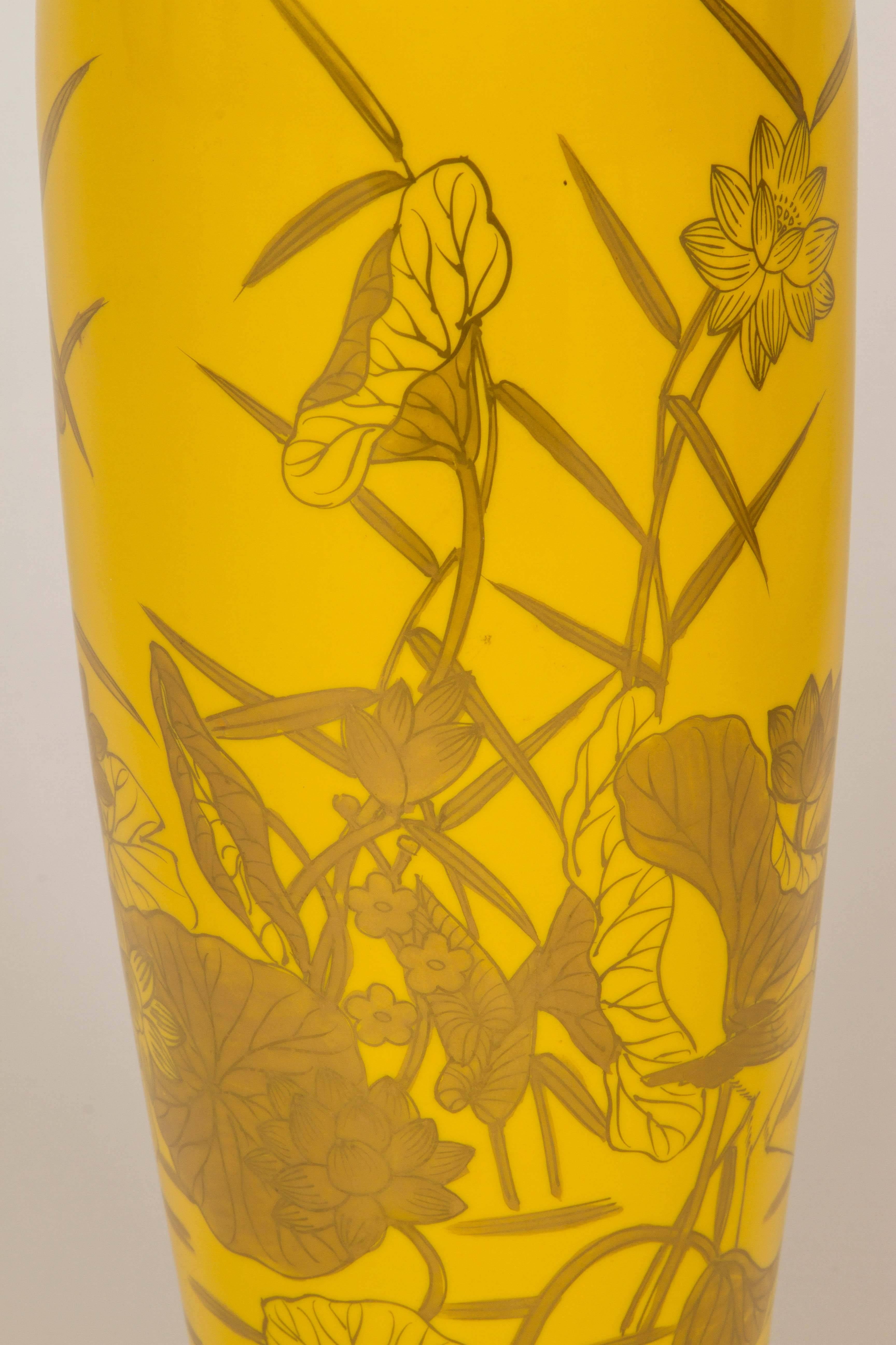 Japonisme Pair of Yellow Glazed Porcelain Gilt Decorated Vases