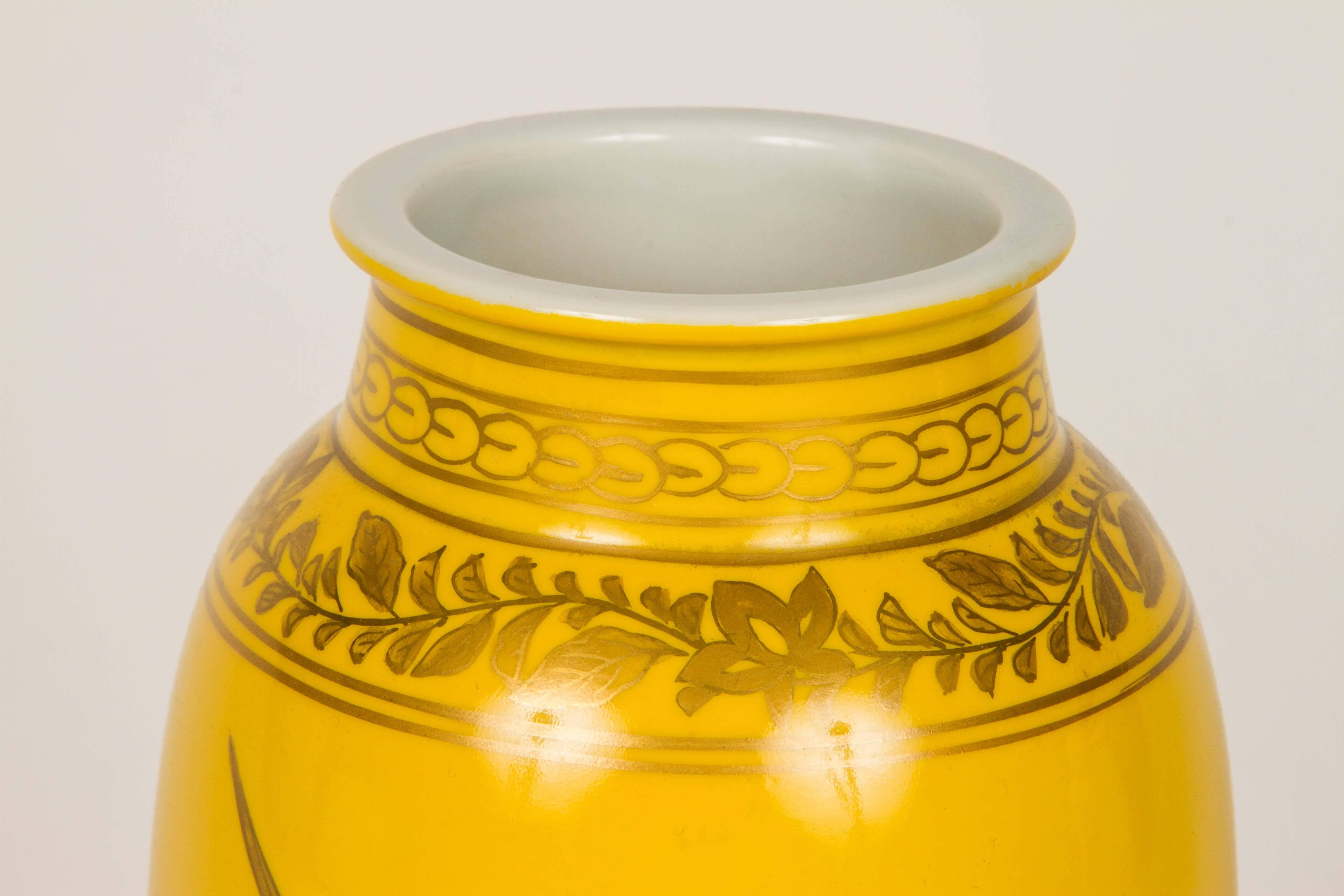 20th Century Pair of Yellow Glazed Porcelain Gilt Decorated Vases