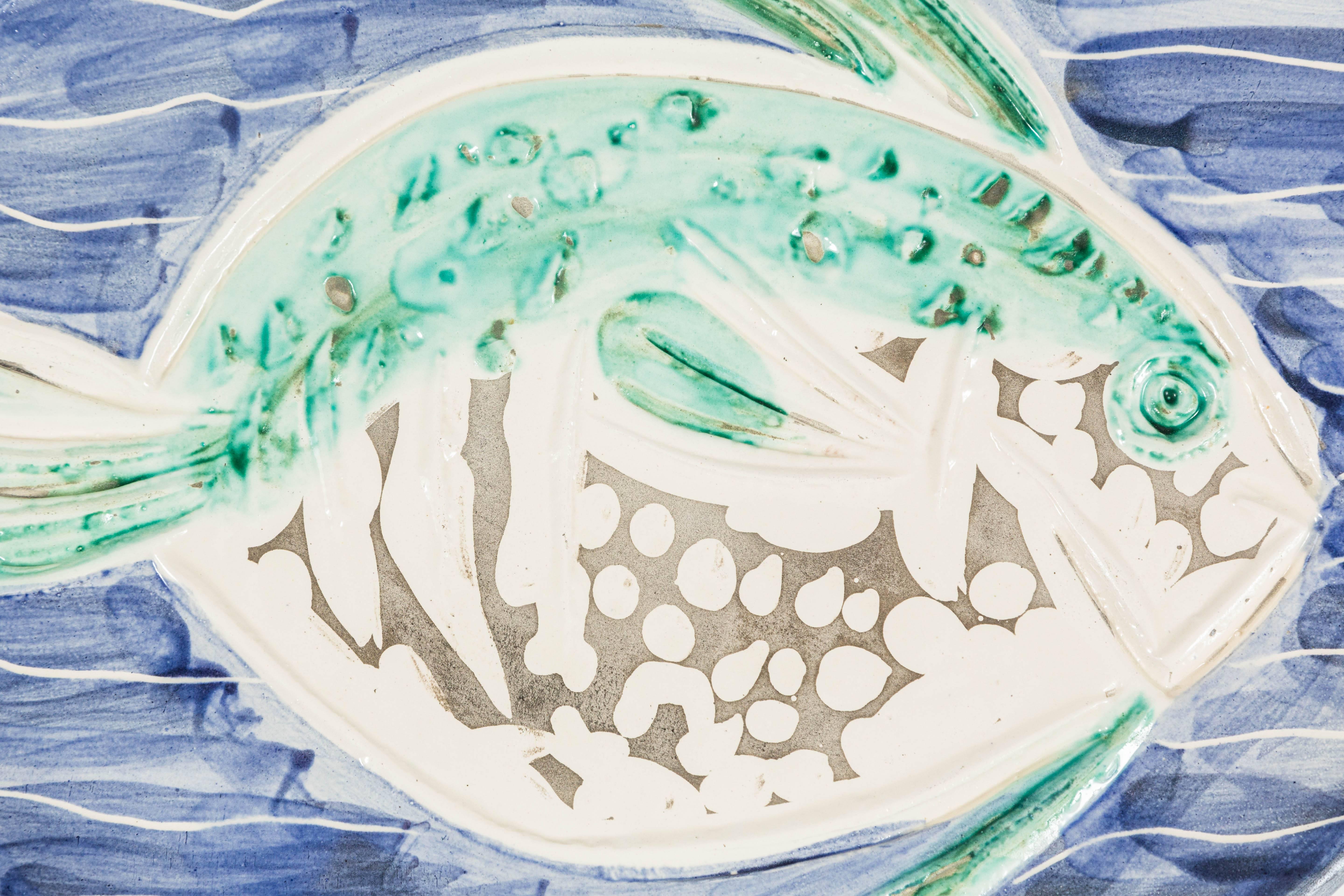 French Striking 'Poisson Bleu' Madoura Ceramic Plate by Pablo Picasso
