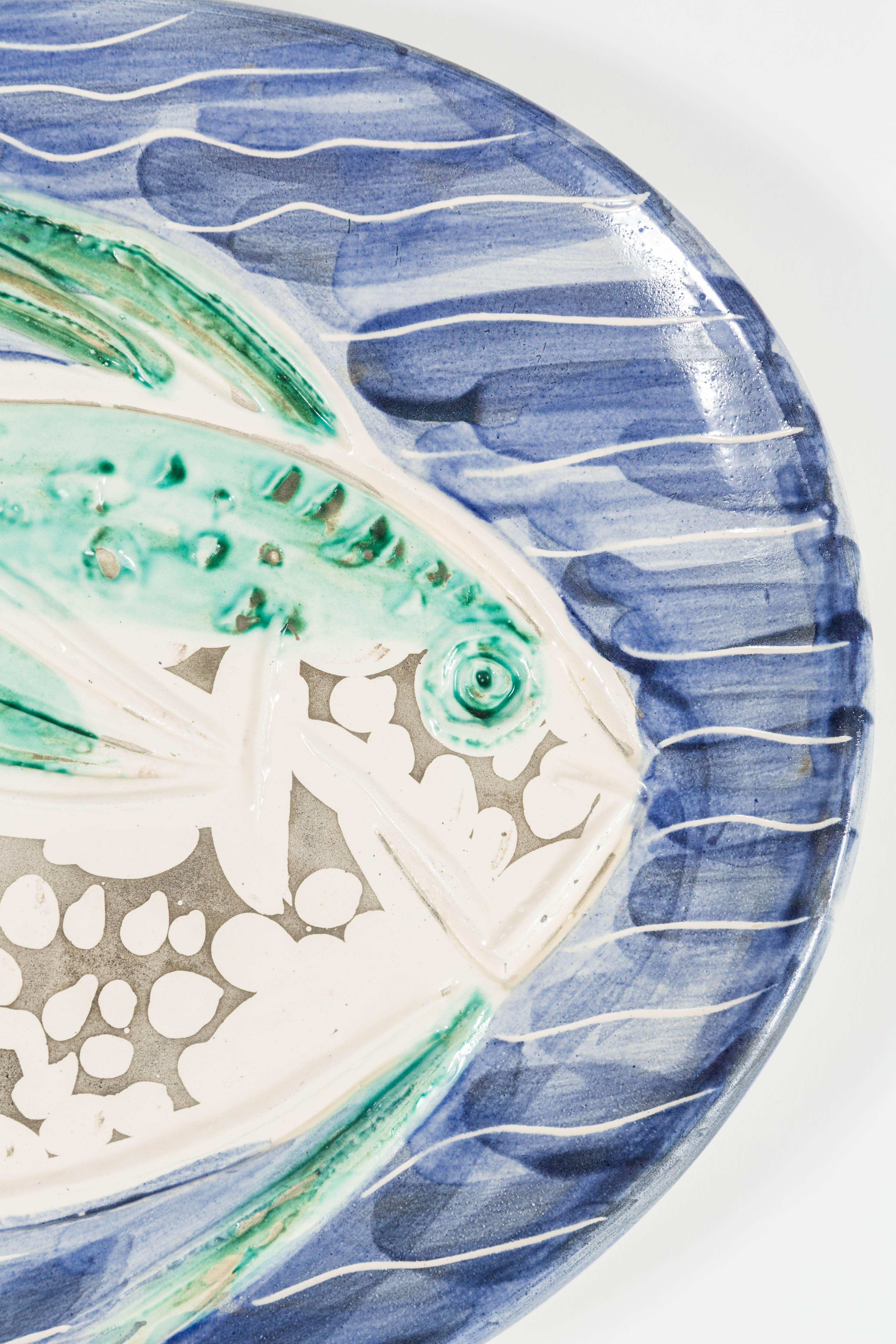 Glazed Striking 'Poisson Bleu' Madoura Ceramic Plate by Pablo Picasso