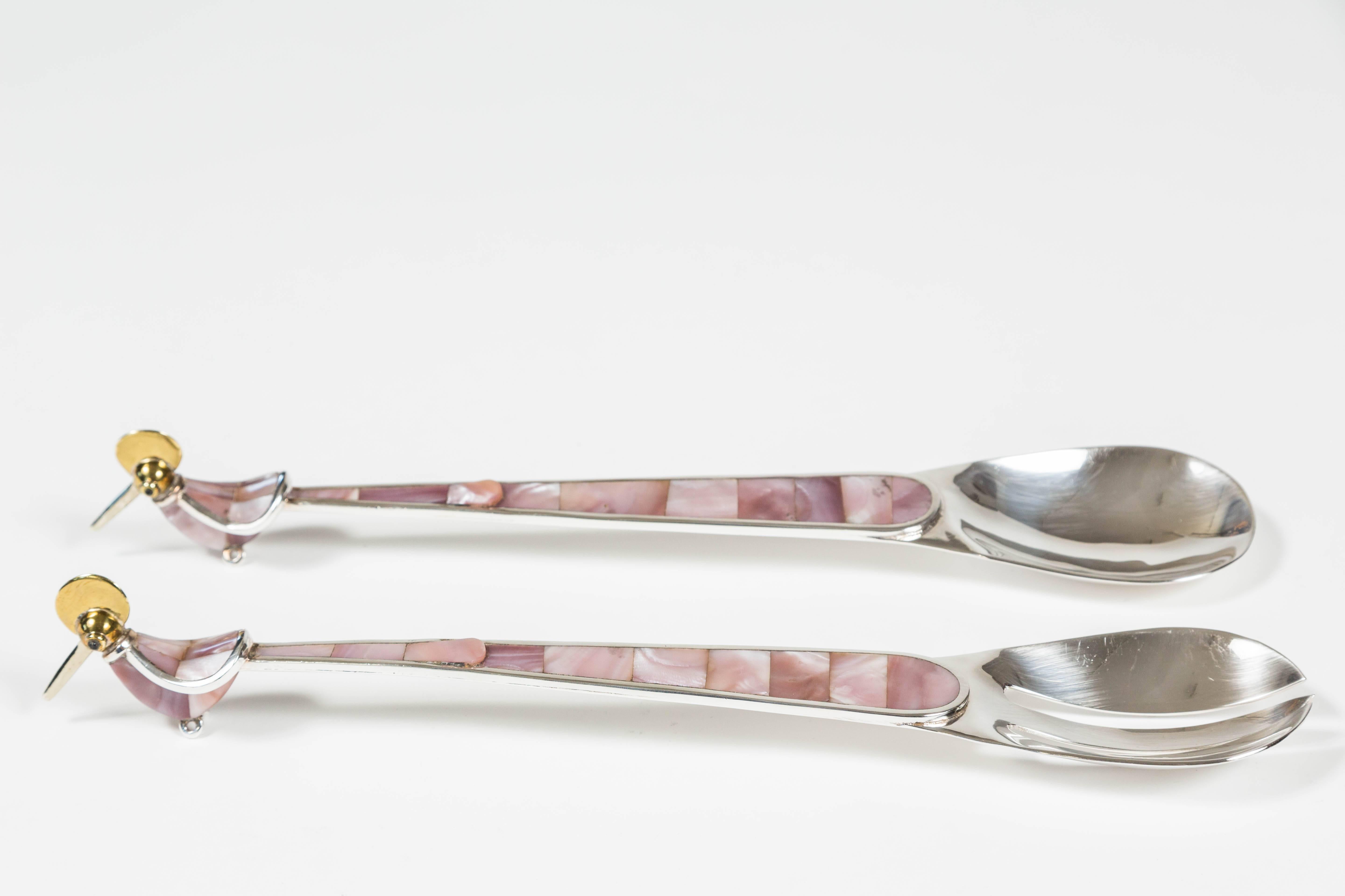 Mid-Century Modern Pair of Whimsical Silver Plate and Mother-of-Pearl Salad Servers by Los Castillo