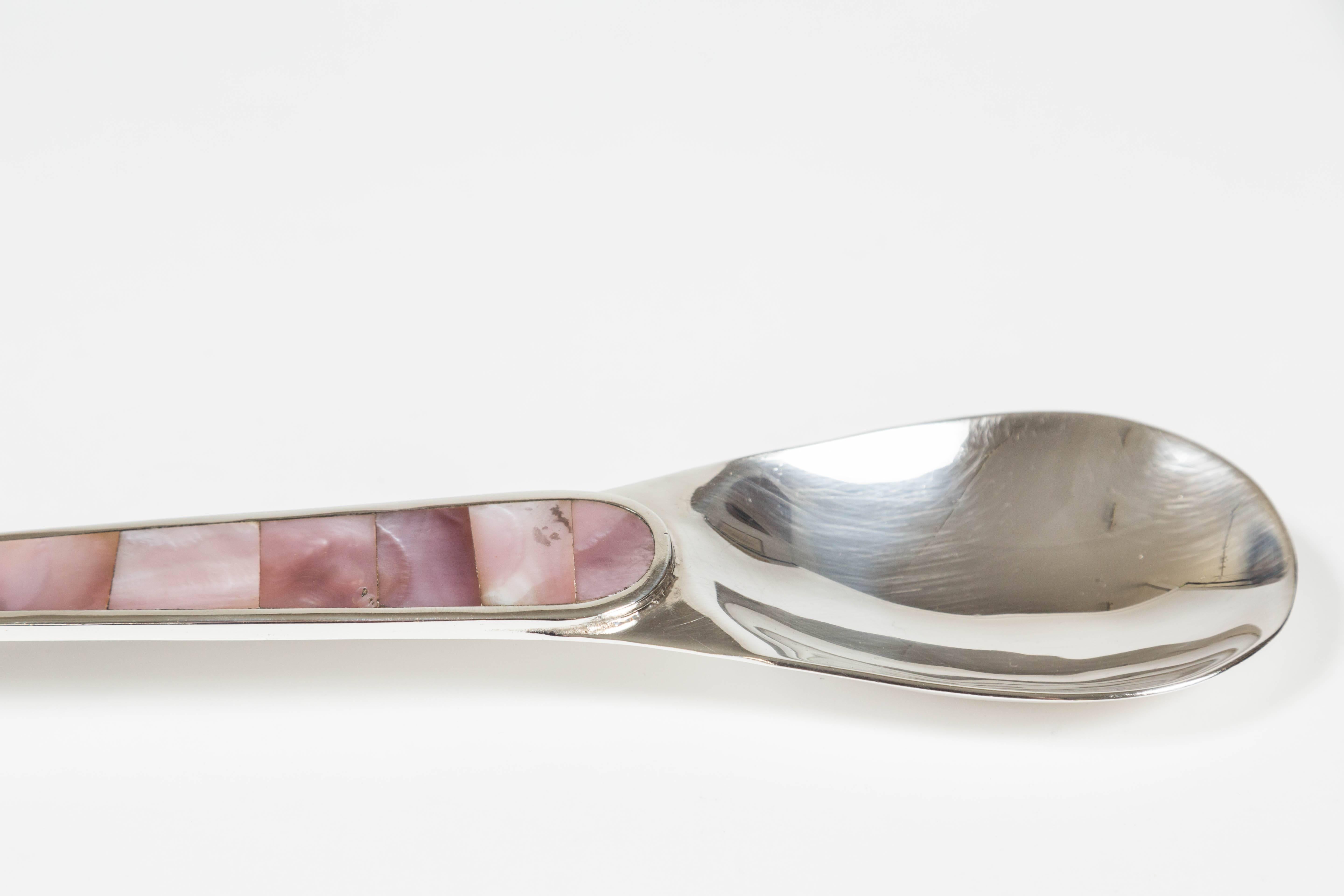 Mexican Pair of Whimsical Silver Plate and Mother-of-Pearl Salad Servers by Los Castillo