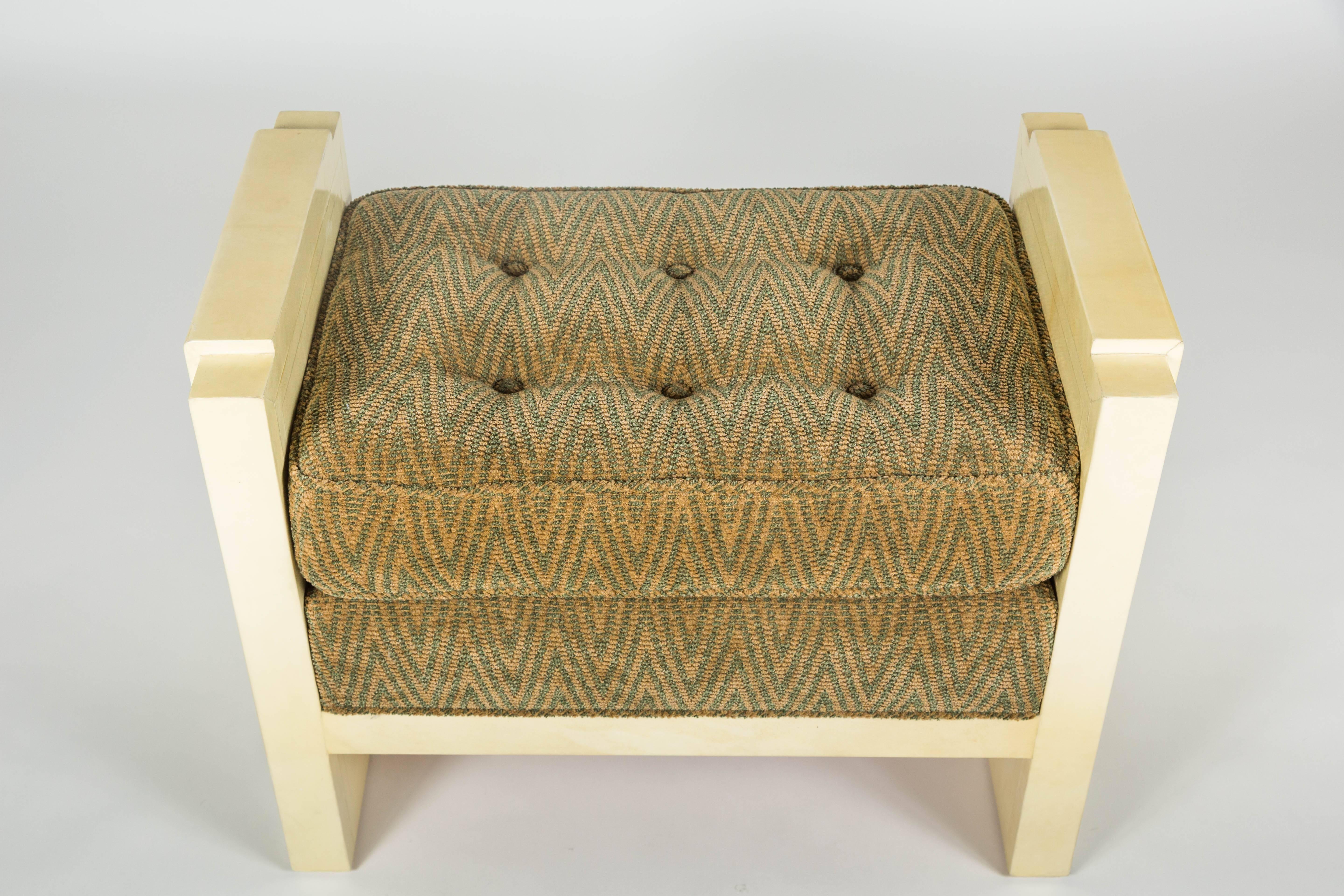 Contemporary Art Deco Parchment and Upholstered Bench by Garrison Rousseau