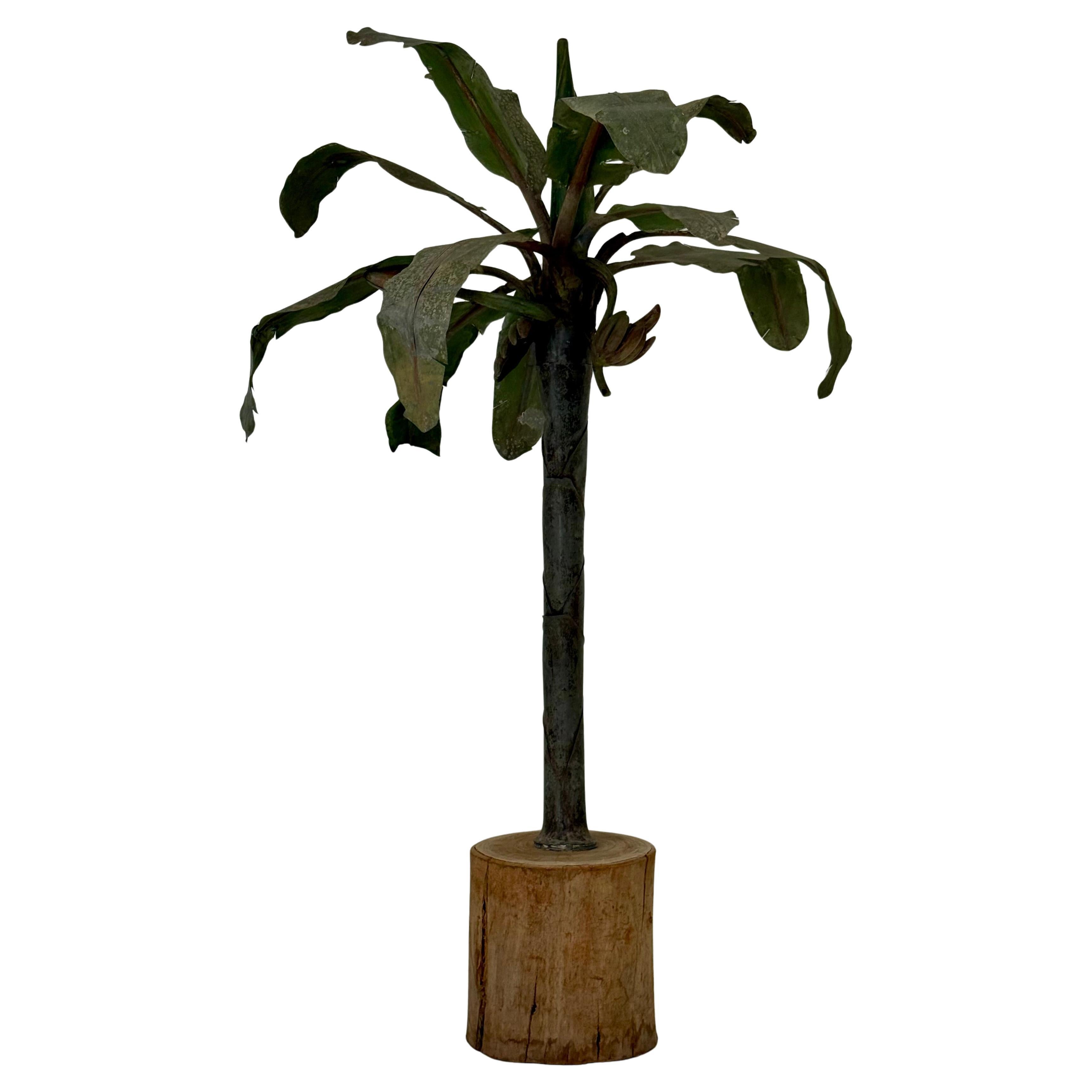 1920s Tôle Palm Tree Sculpture with Carved Wood Base For Sale
