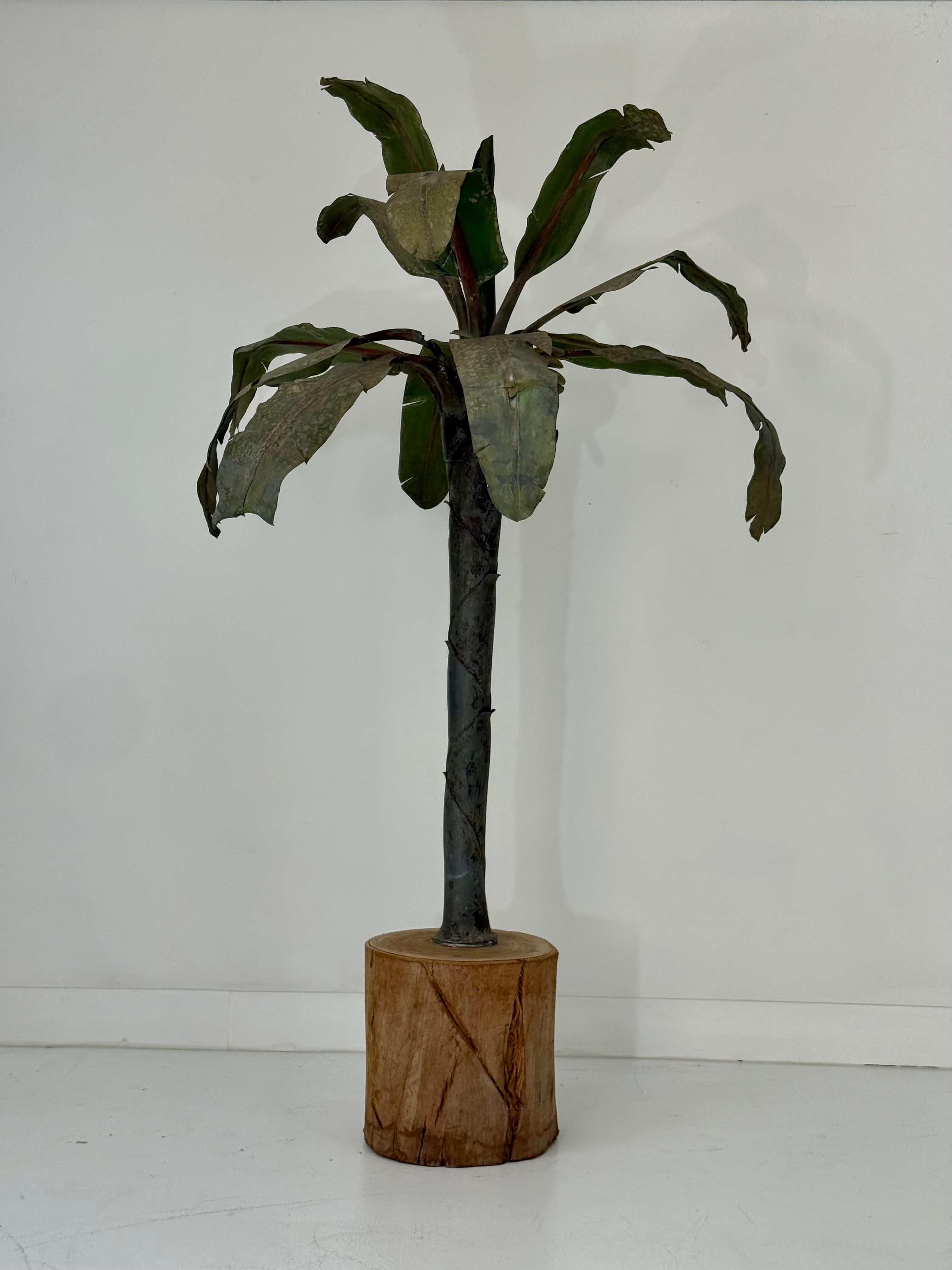 Art Deco 1920s Tôle Palm Tree Sculpture with Carved Wood Base For Sale