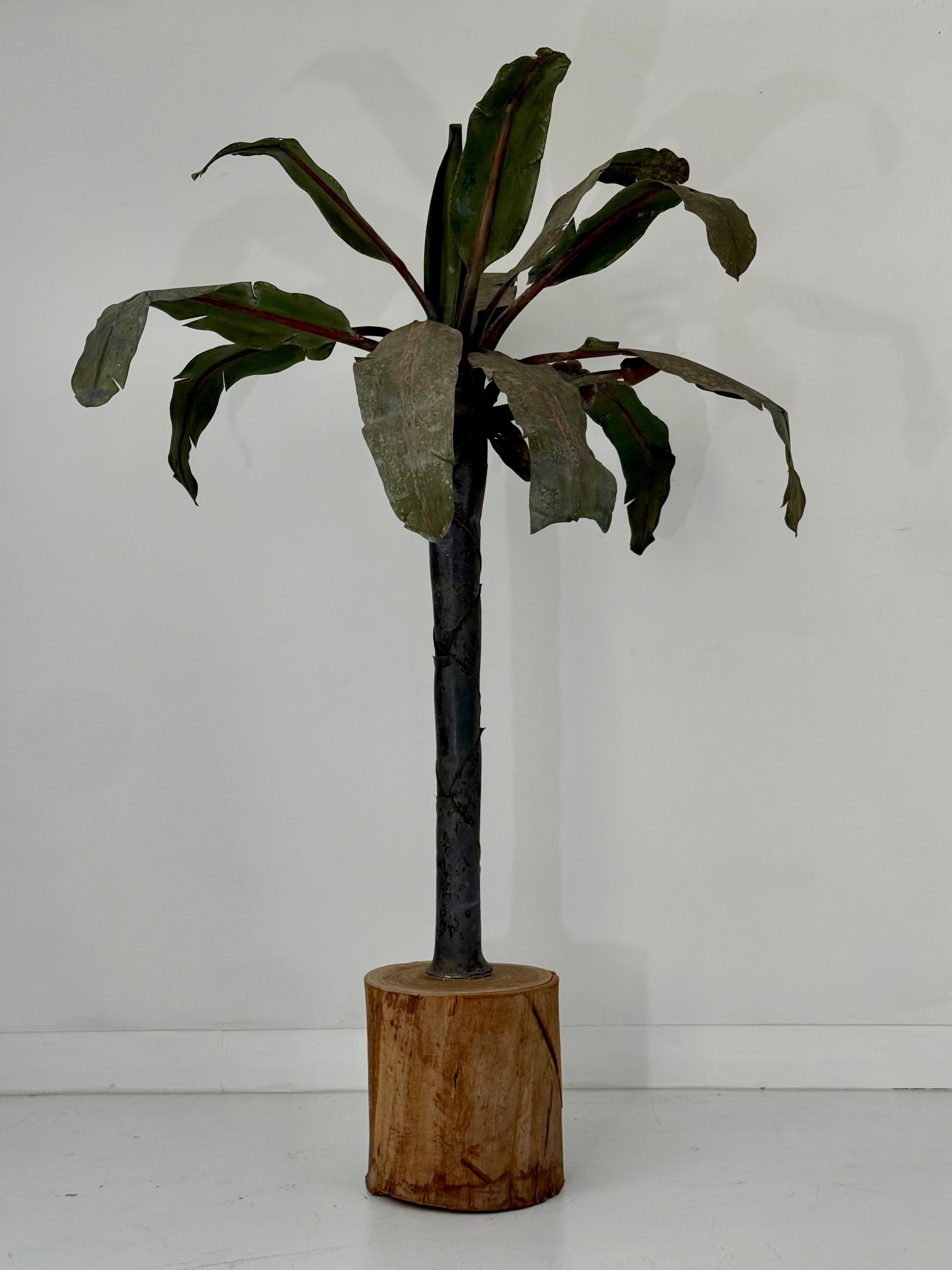 Italian 1920s Tôle Palm Tree Sculpture with Carved Wood Base For Sale