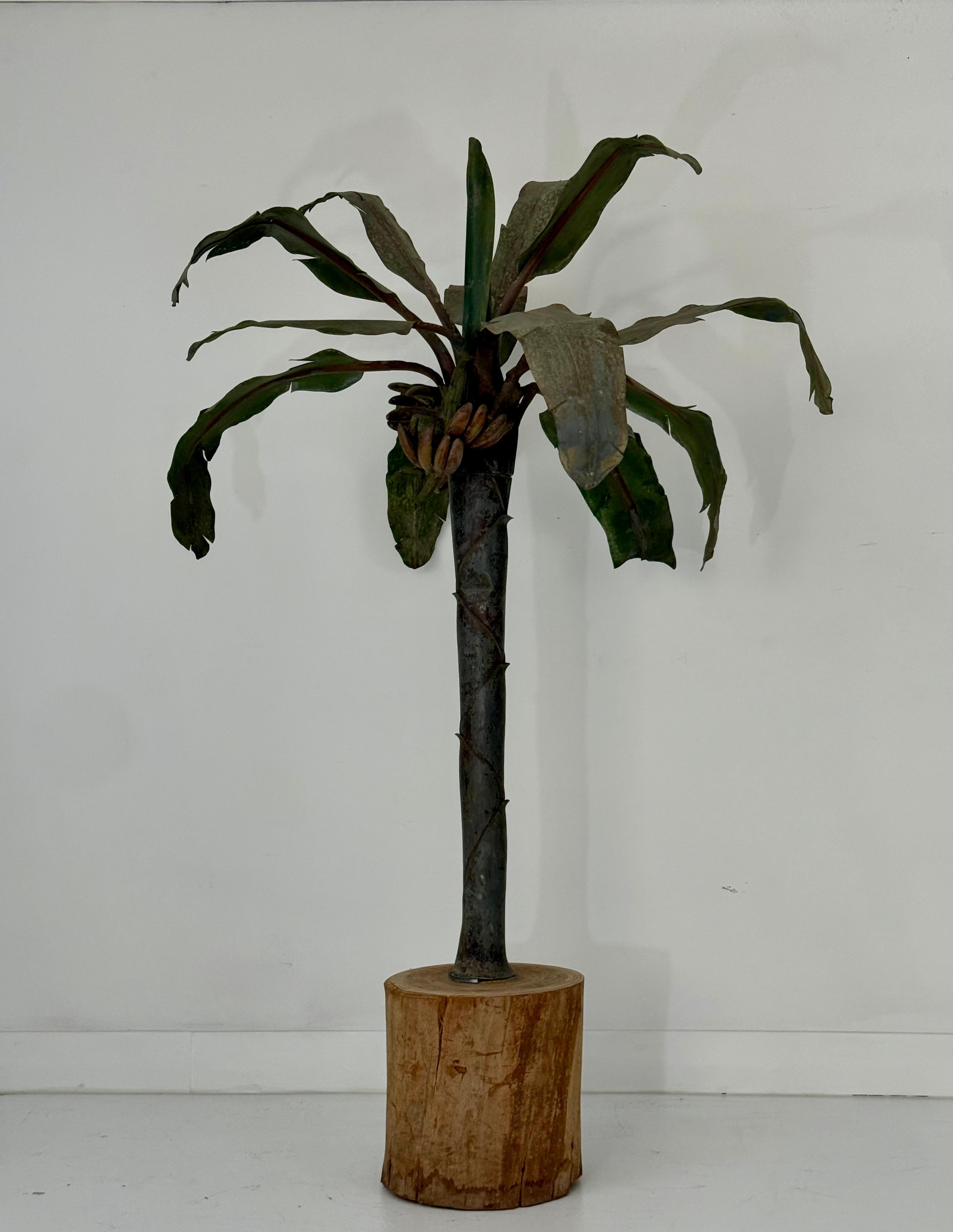 Painted 1920s Tôle Palm Tree Sculpture with Carved Wood Base For Sale