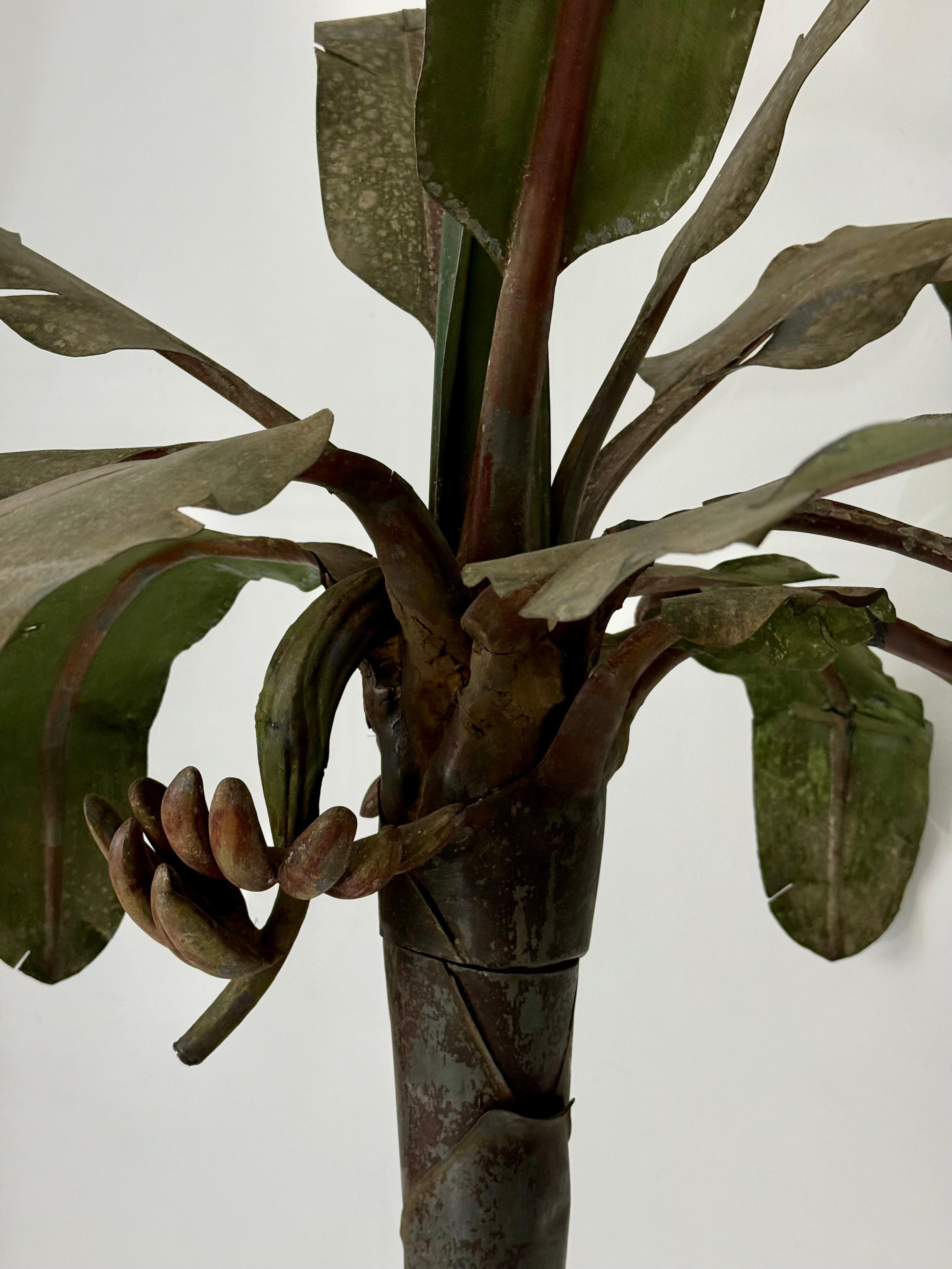 Early 20th Century 1920s Tôle Palm Tree Sculpture with Carved Wood Base For Sale