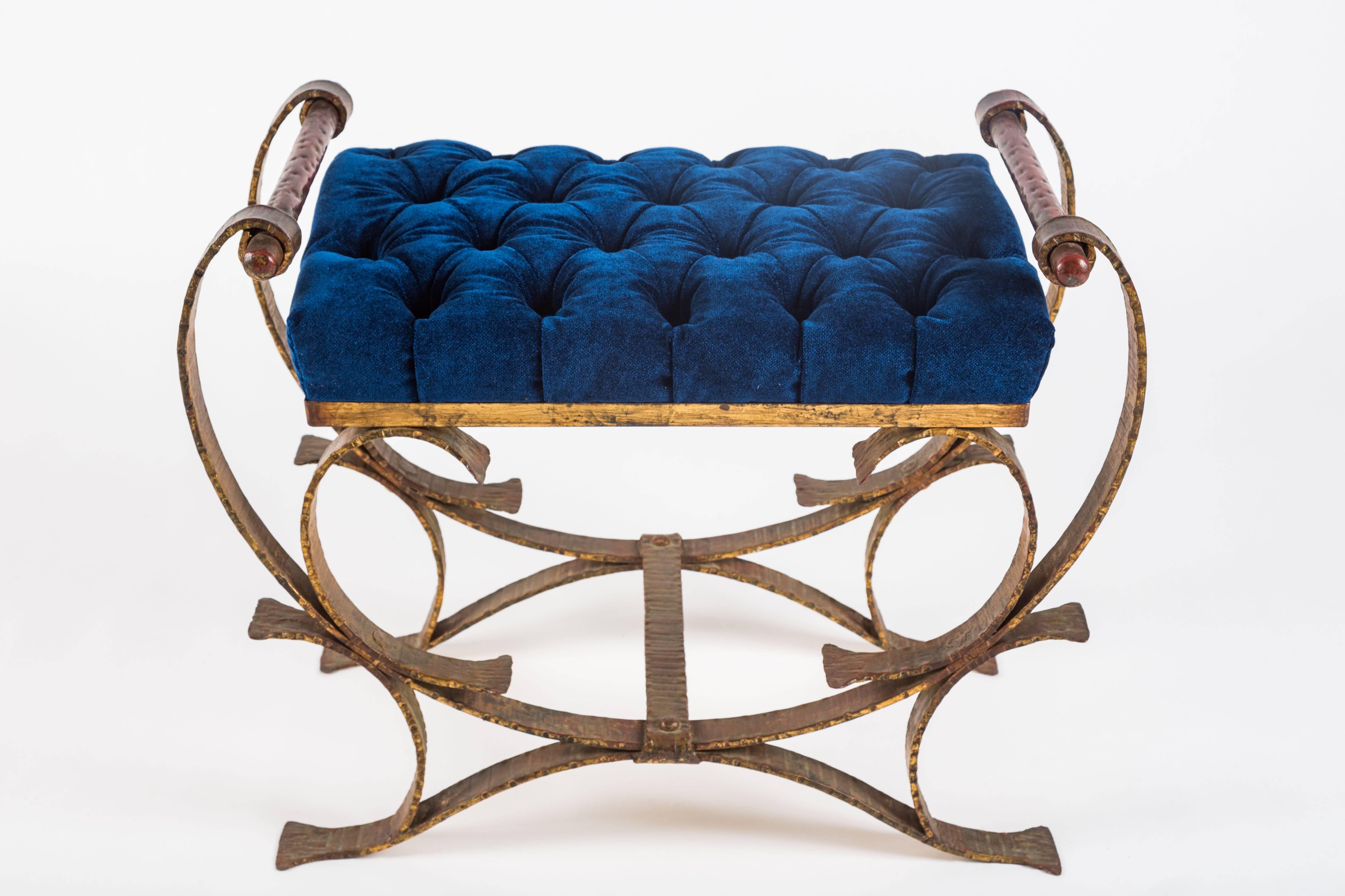 Rococo Pair of Striking Velvet Tufted Iron Curule Benches by Borghese