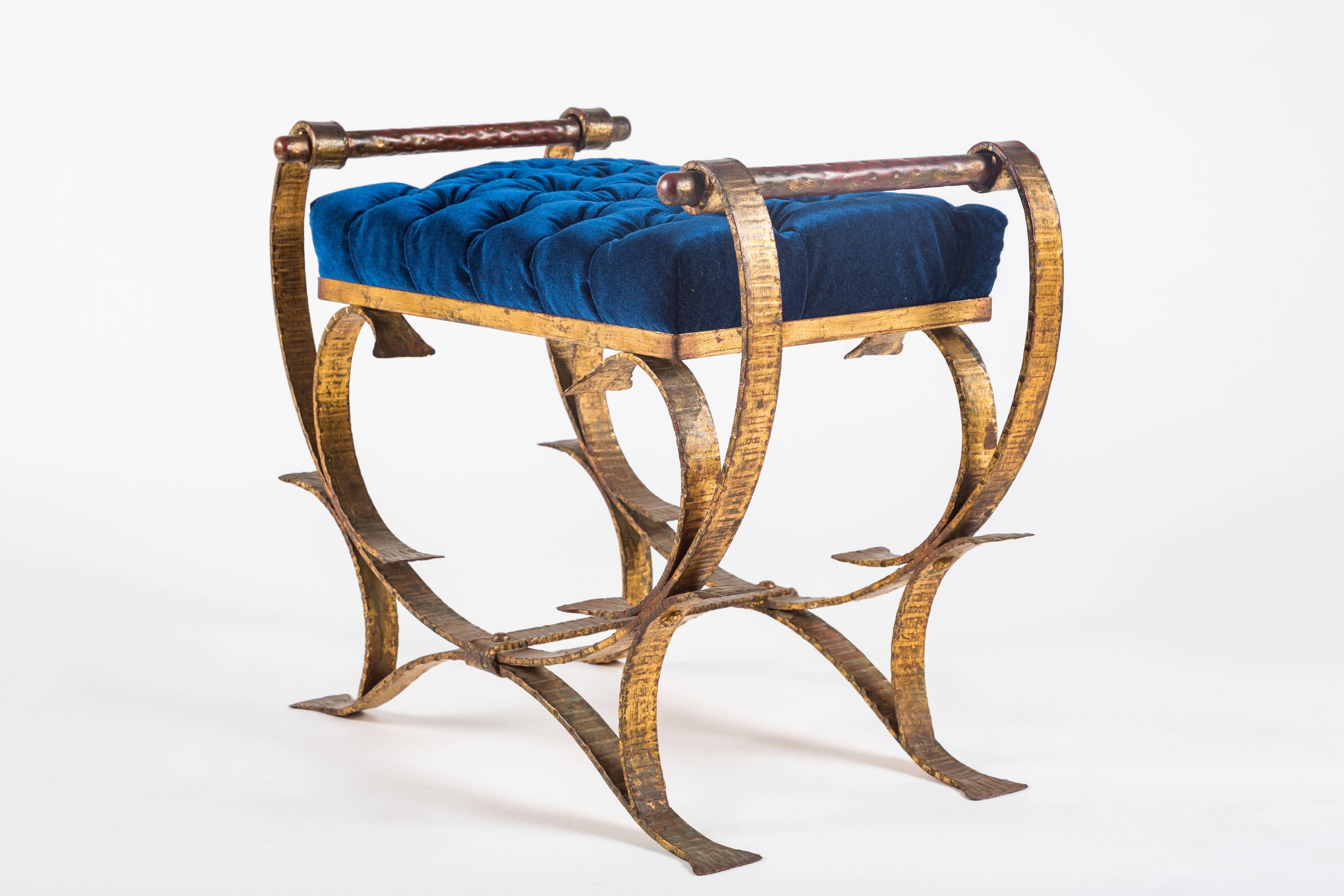 Italian Pair of Striking Velvet Tufted Iron Curule Benches by Borghese