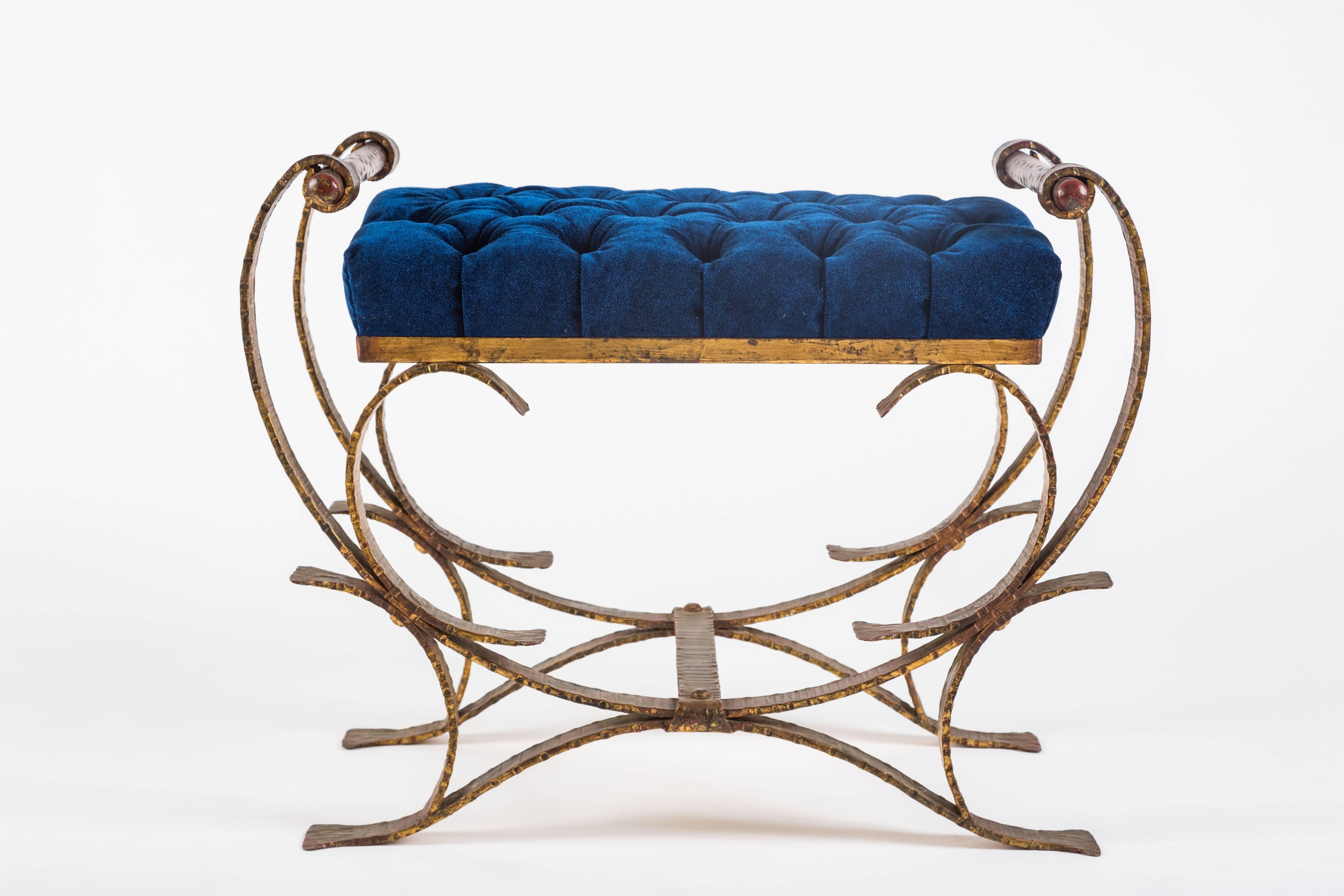 20th Century Pair of Striking Velvet Tufted Iron Curule Benches by Borghese