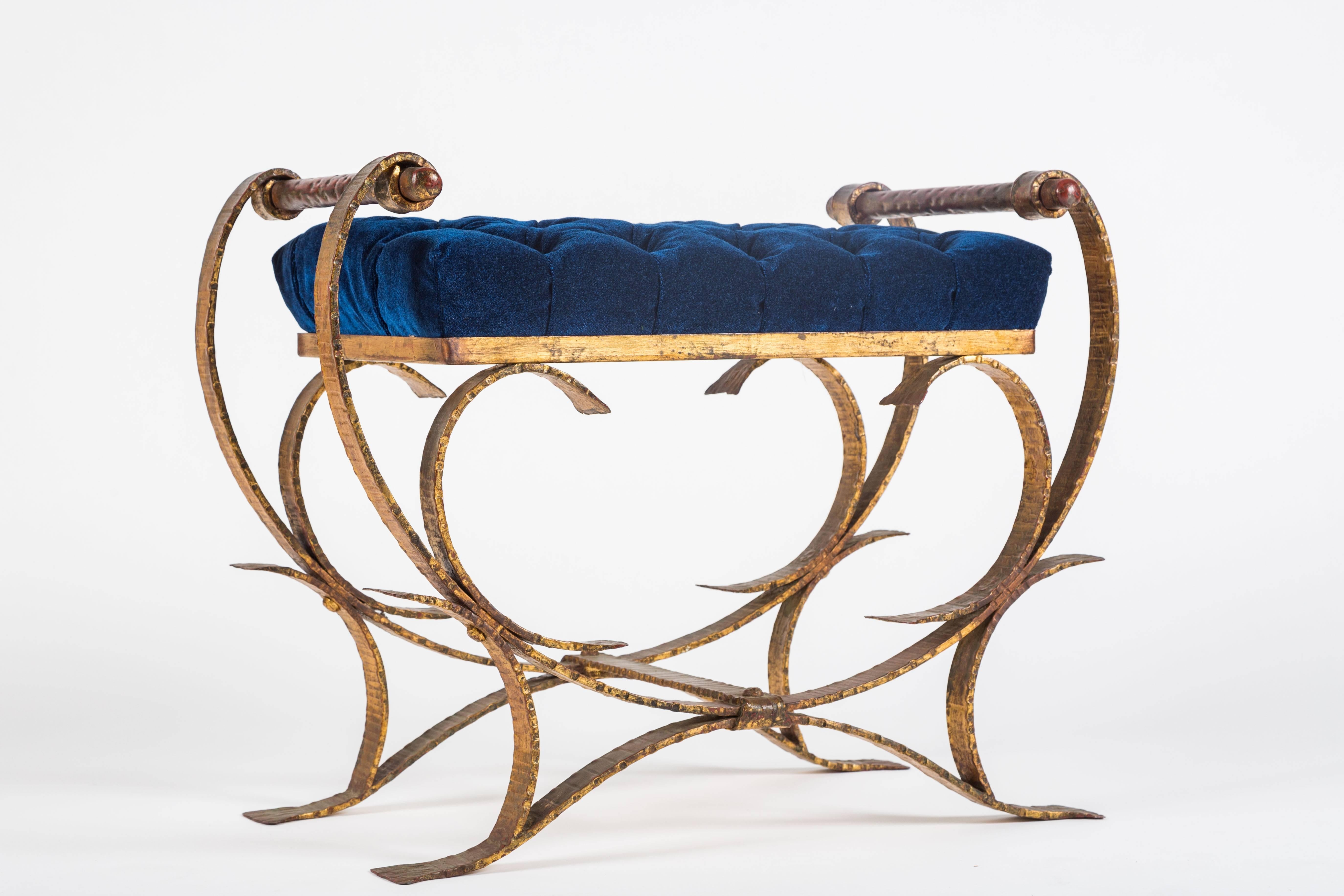 Painted Pair of Striking Velvet Tufted Iron Curule Benches by Borghese