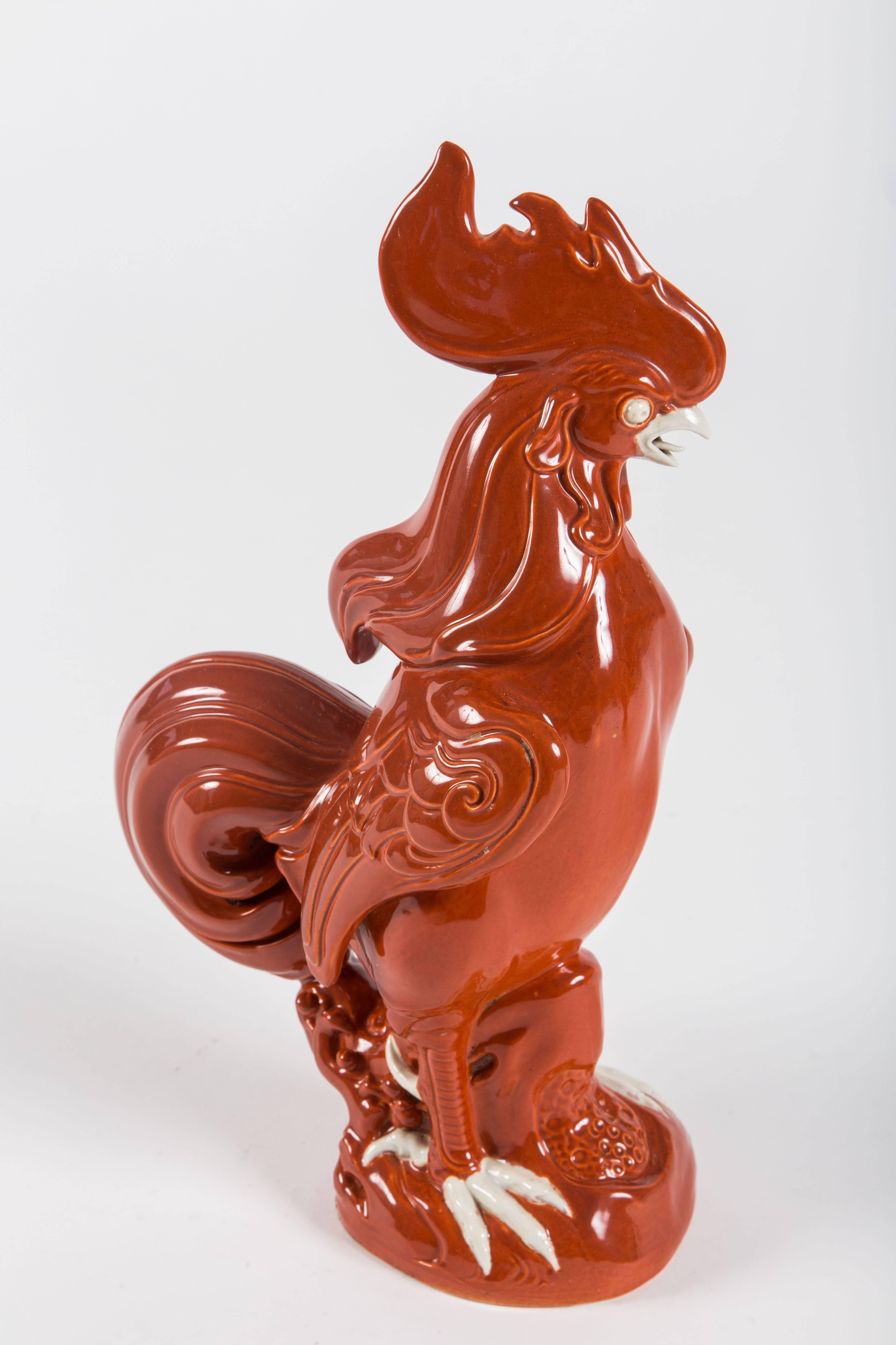 Pair of Stylized Chinese Export Porcelain Roosters in Cinnabar Glaze 1